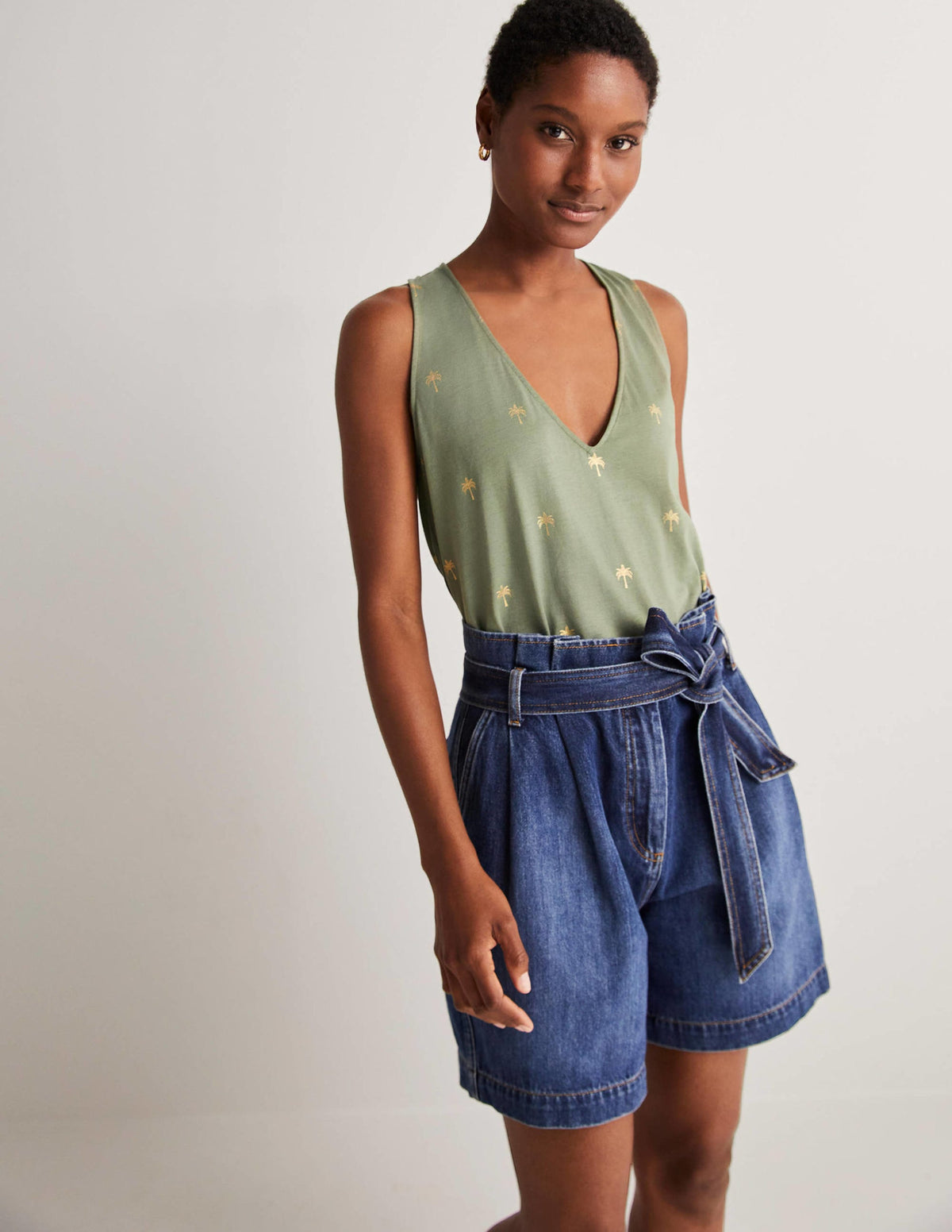 V-Neck Twist Back Jersey Top-Alder and Gold, Paradise Palm - Image 1
