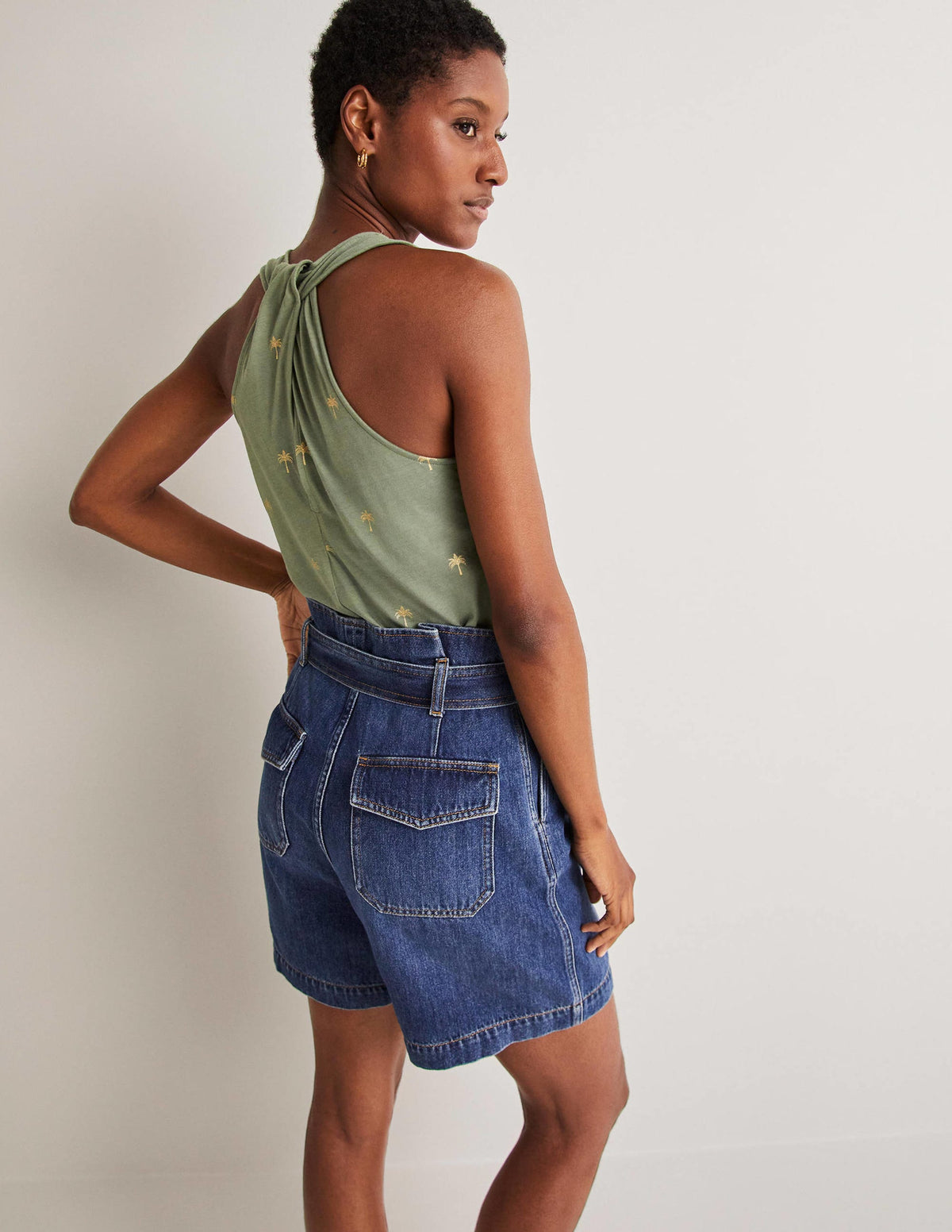 V-Neck Twist Back Jersey Top-Alder and Gold, Paradise Palm - Image 3