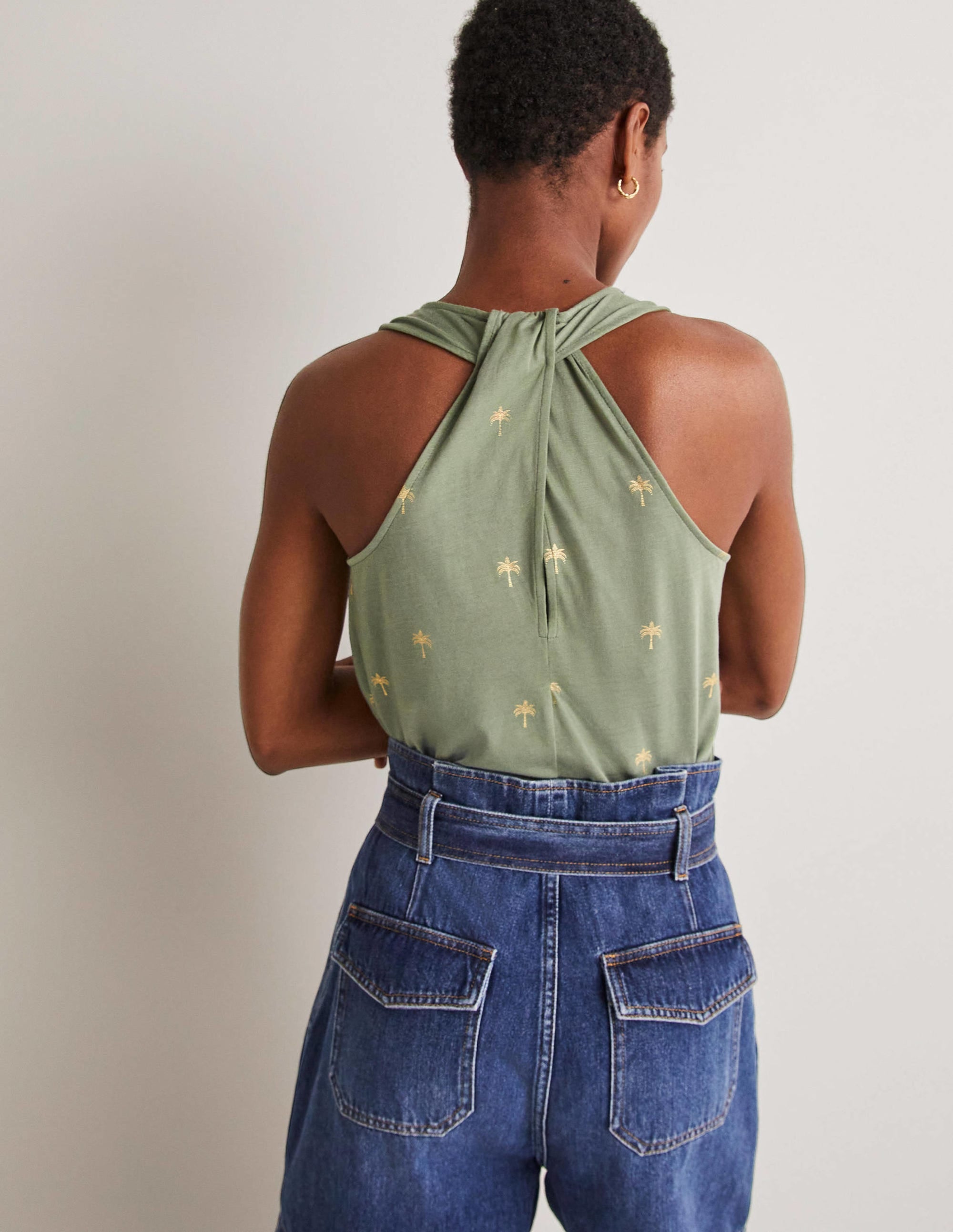 V-Neck Twist Back Jersey Top-Alder and Gold, Paradise Palm - Image 5