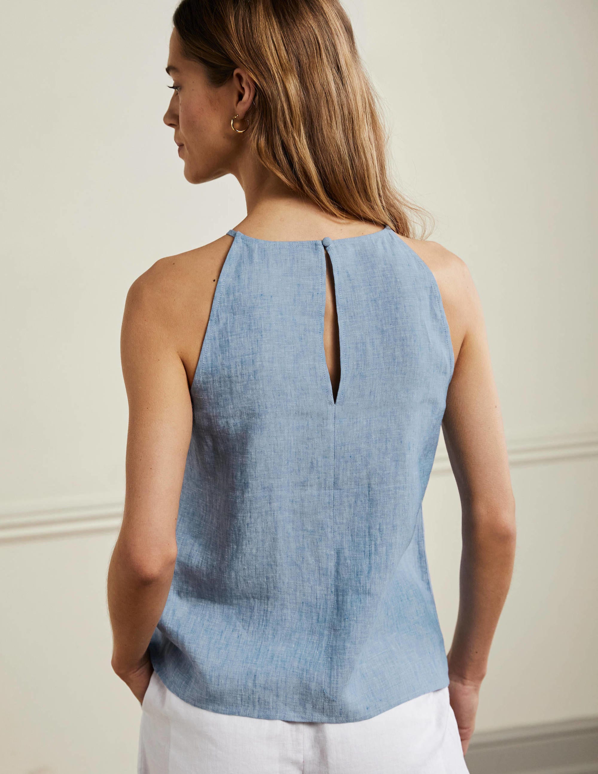 Strappy Halterneck Linen Top-Chambray - Image 3
