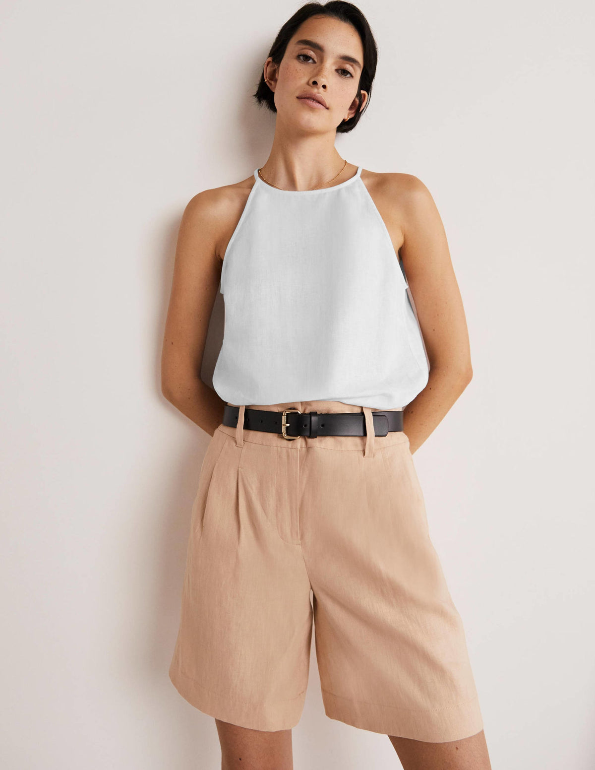 Strappy Halterneck Linen Top-White - Image 1