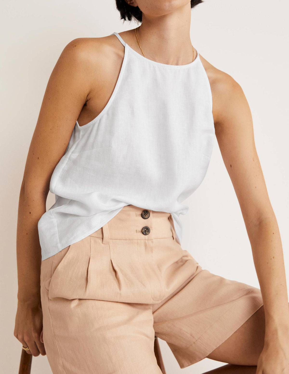 Strappy Halterneck Linen Top-White - Image 5