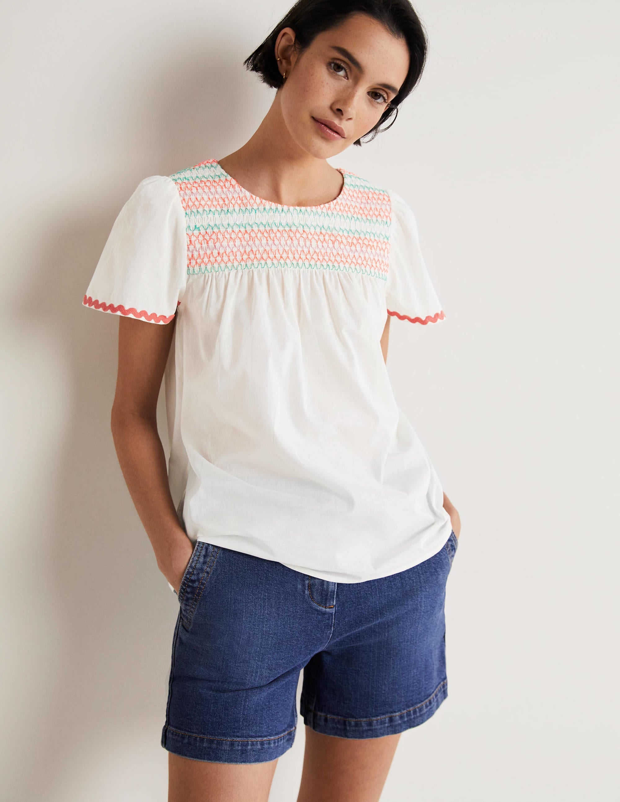 May Flutter Sleeve Smocked Top-White, Multi Smocking - Image 1