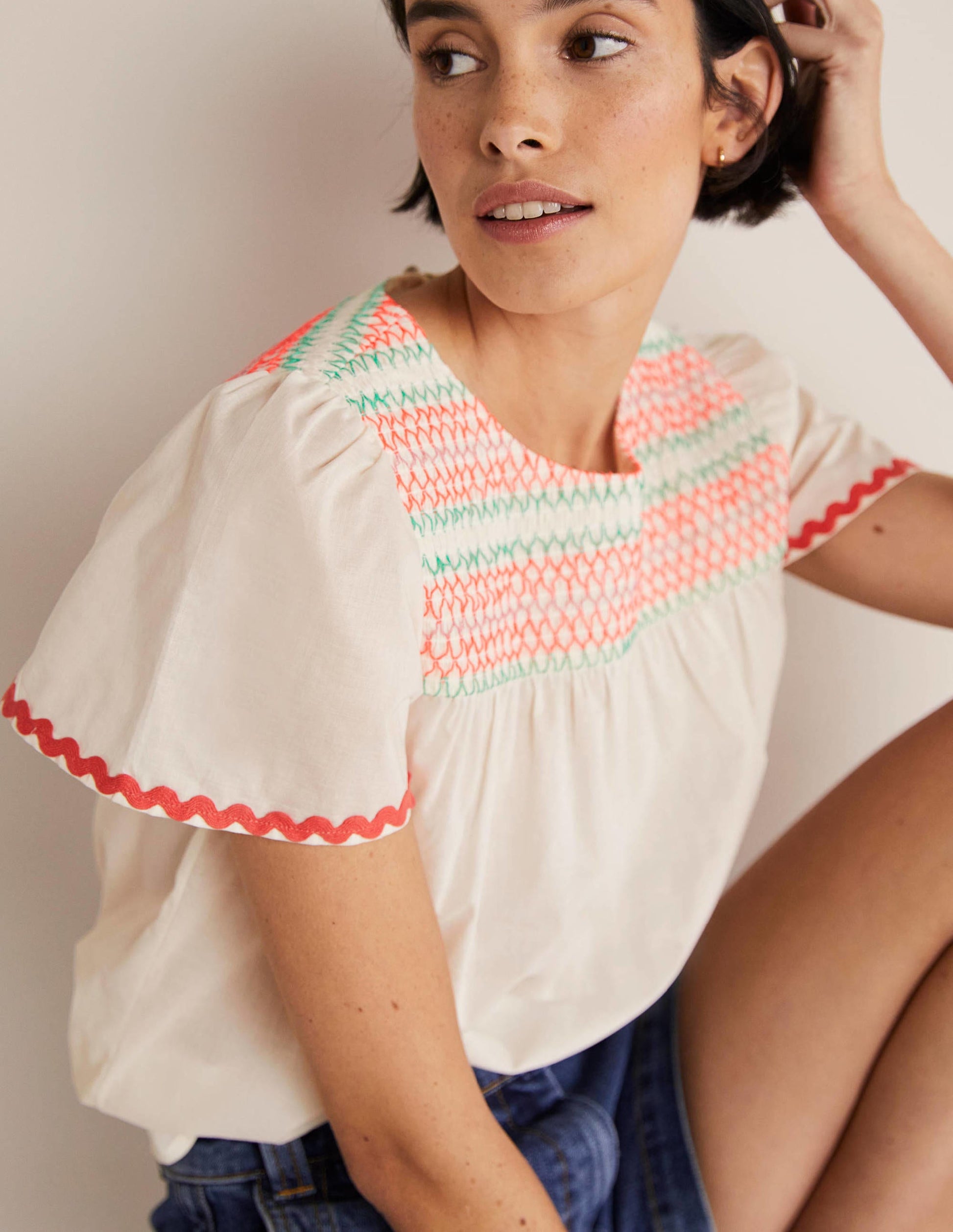 May Flutter Sleeve Smocked Top-White, Multi Smocking-5