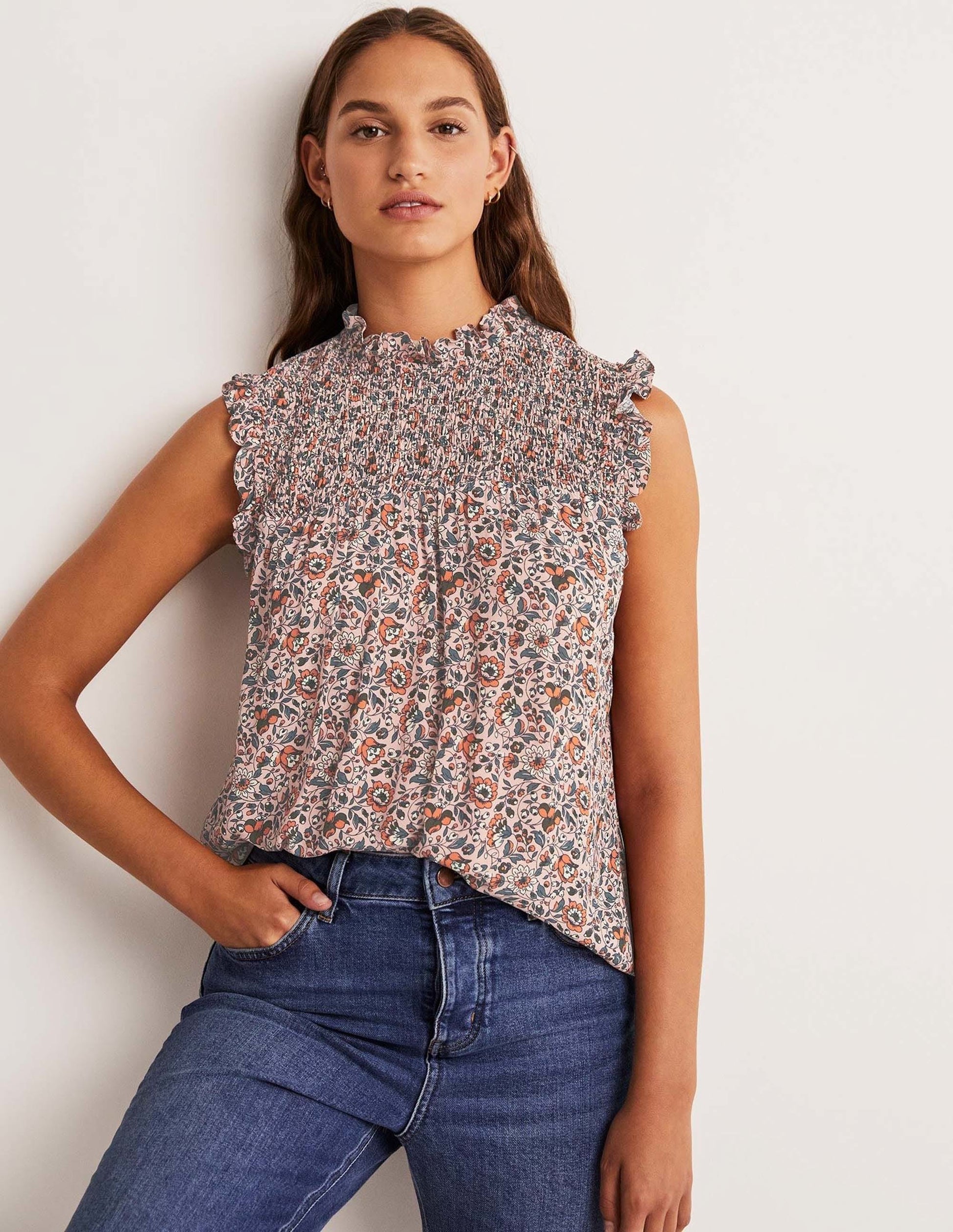 Sleeveless Smocked Top-Milkshake, Botanic Meadow-5