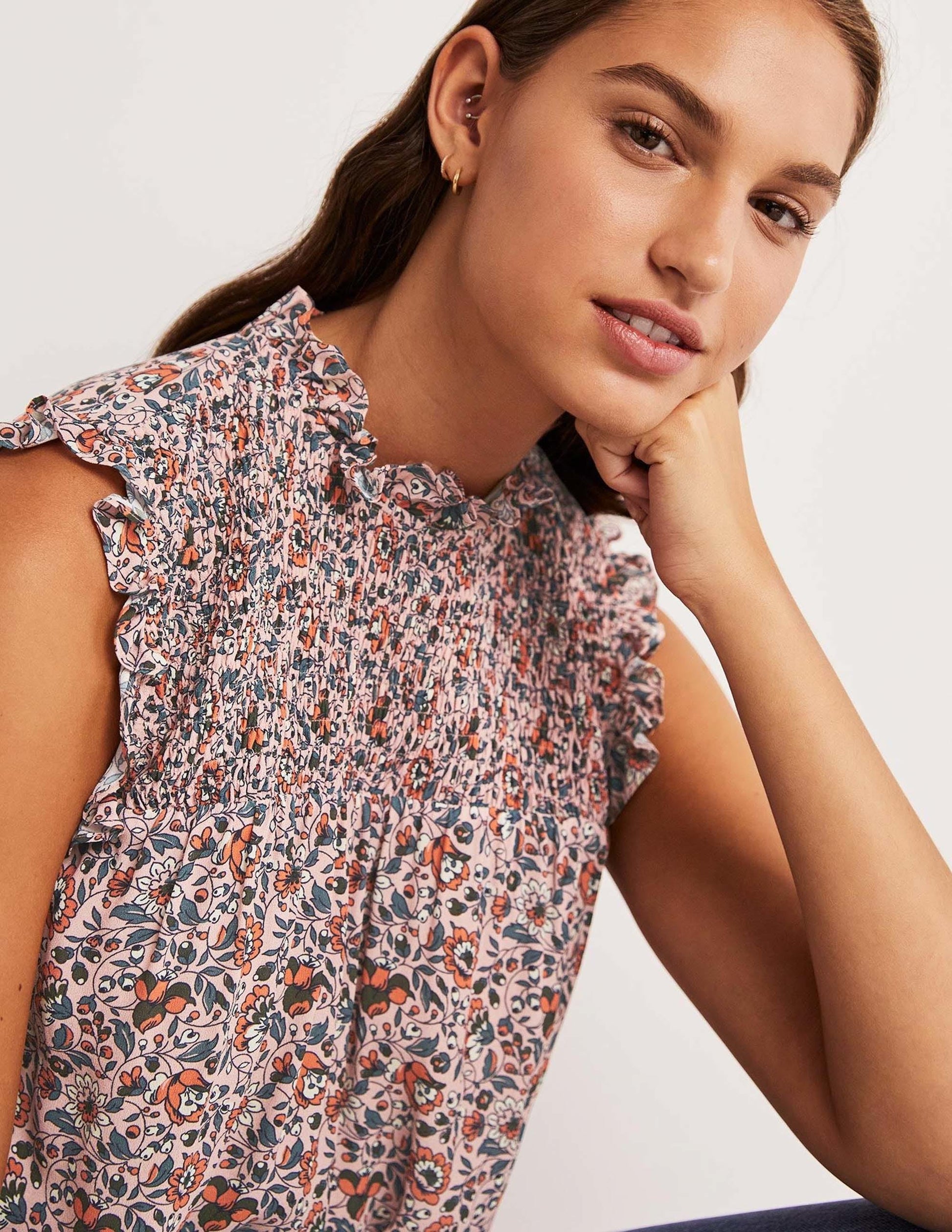 Sleeveless Smocked Top-Milkshake, Botanic Meadow-6