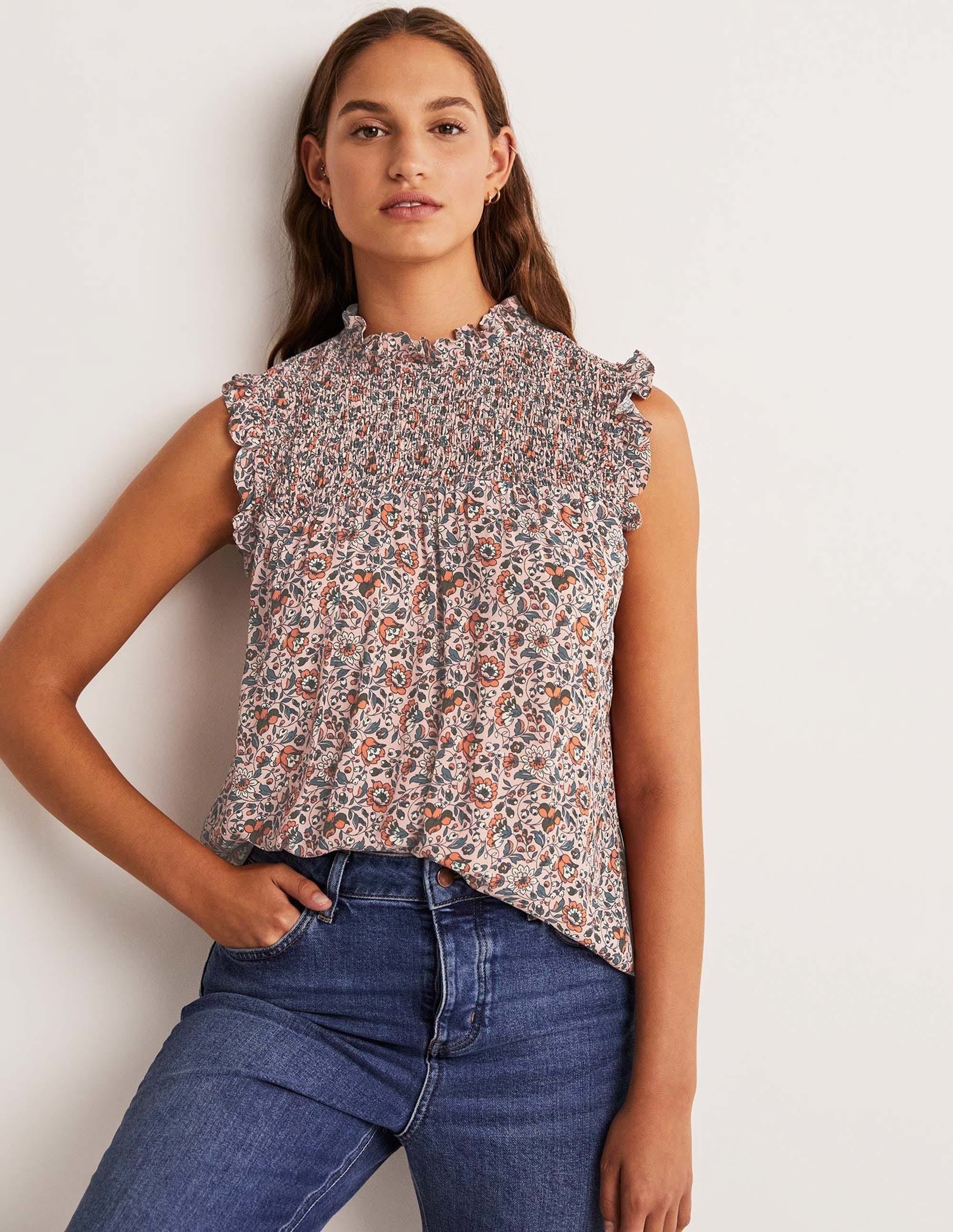 Sleeveless Smocked Top-Milkshake, Botanic Meadow - Image 1