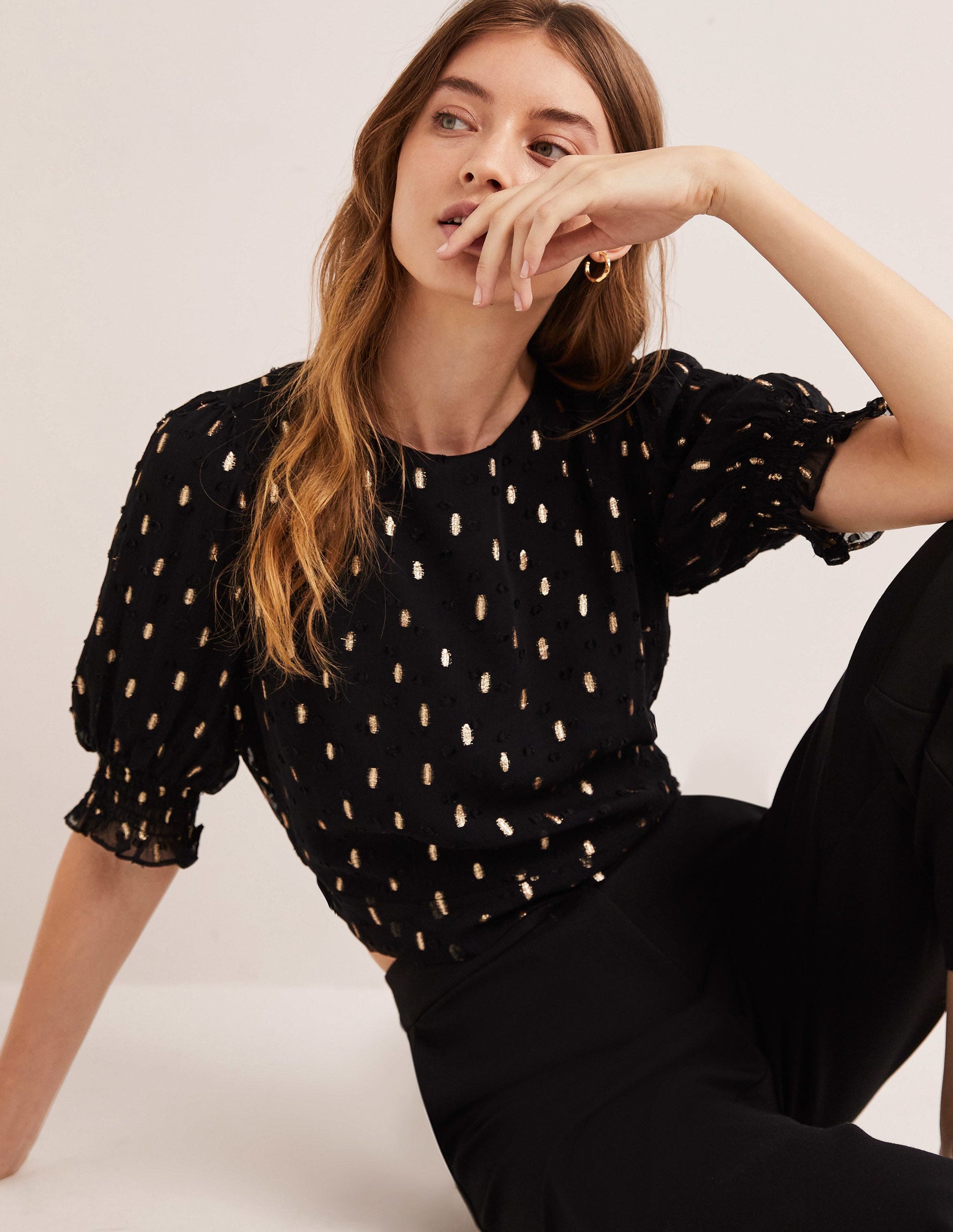 Cropped Metallic Smocked Top-Black and Gold Clip-1