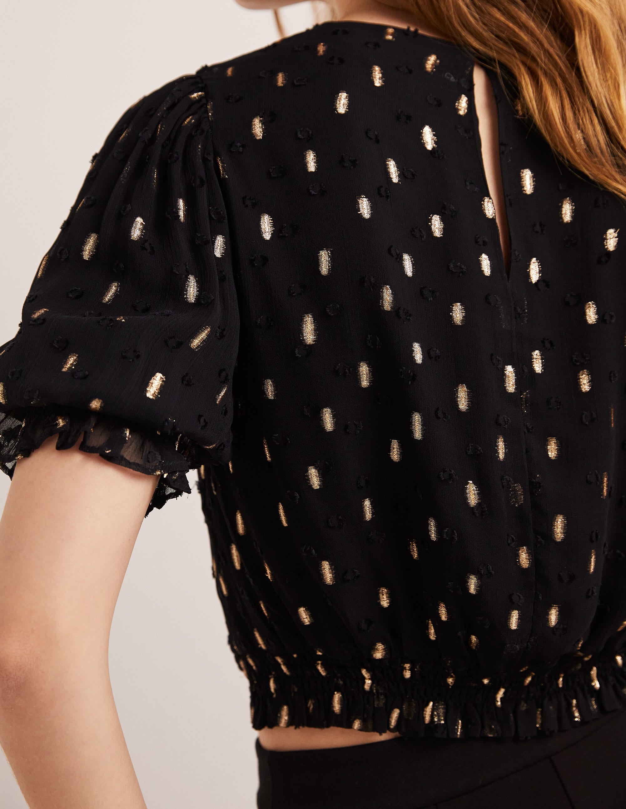 Cropped Metallic Smocked Top-Black and Gold Clip - Image 2