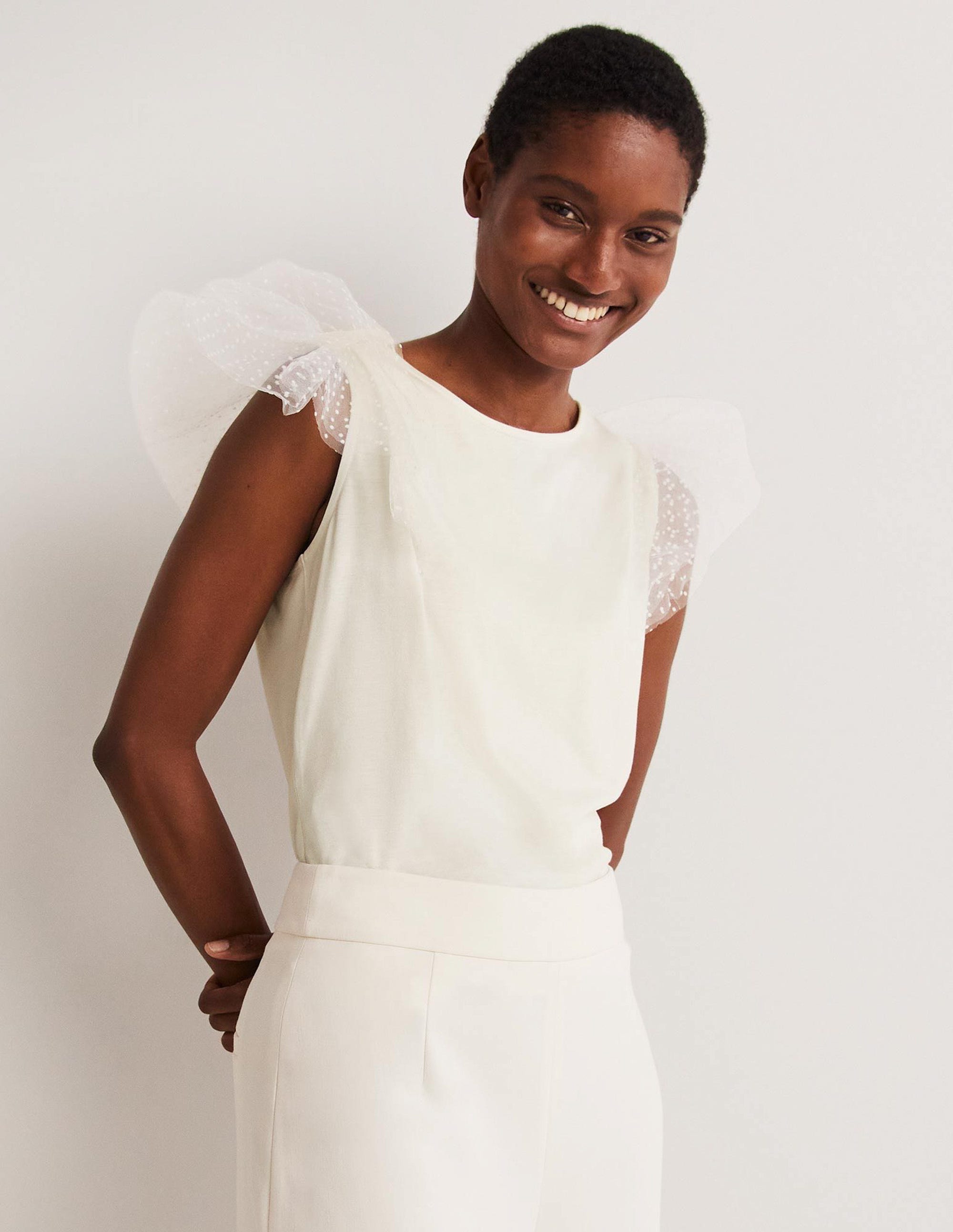Tulle Shoulder Jersey Top-Ivory - Image 1