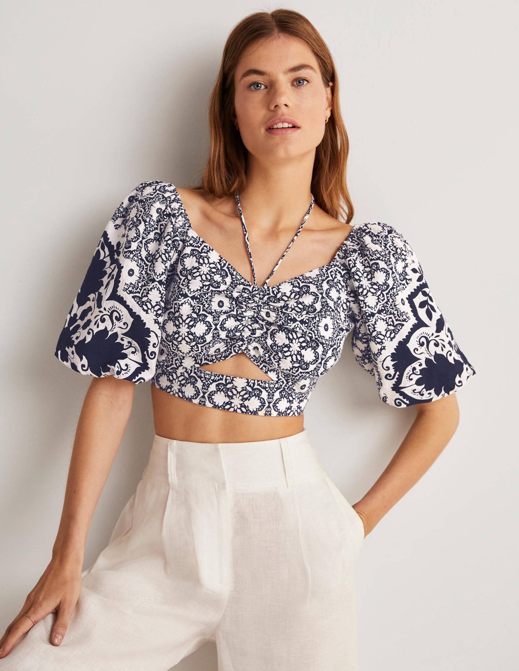 Halterneck Cut Out Crop Top-Navy, Bloomsbury - Image 1