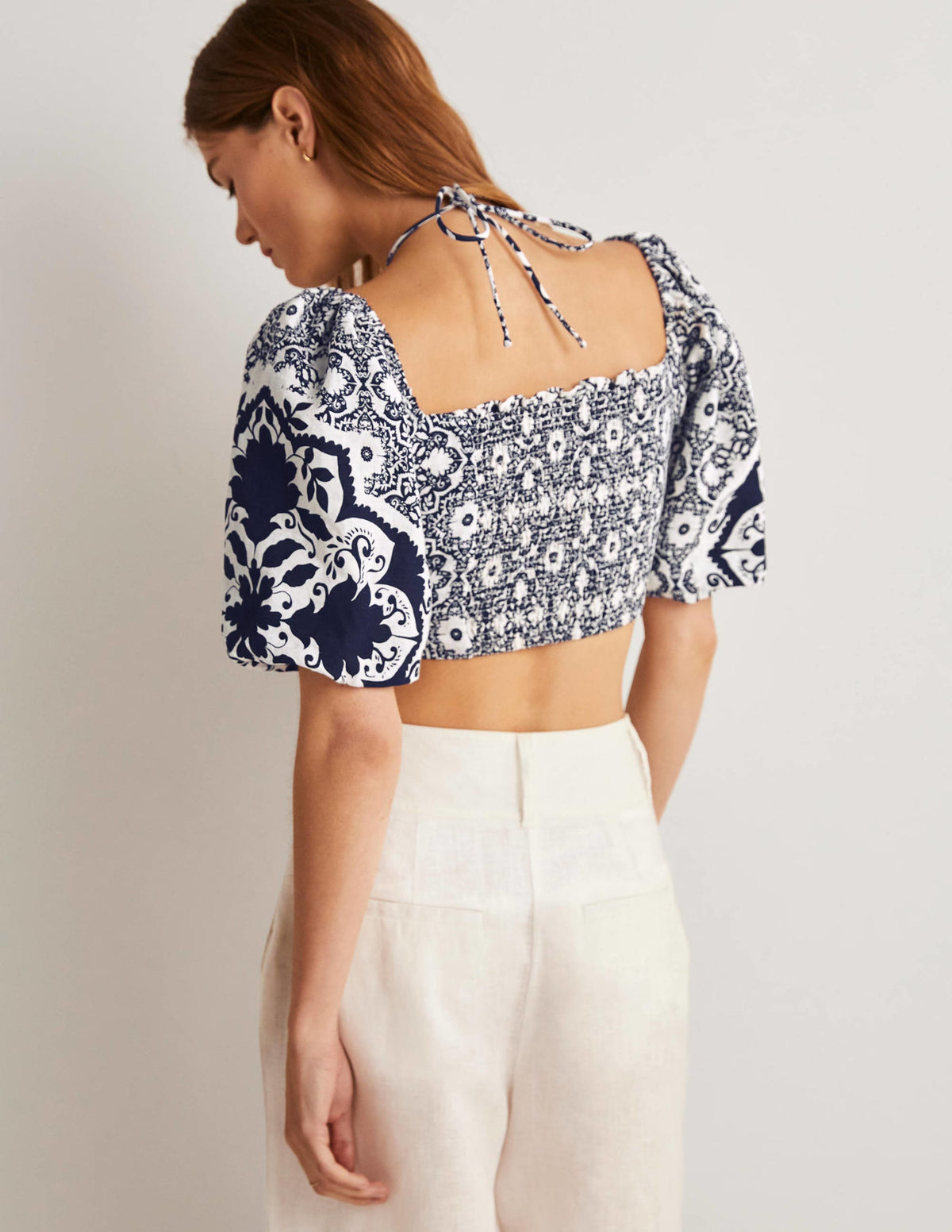 Halterneck Cut Out Crop Top-Navy, Bloomsbury - Image 3