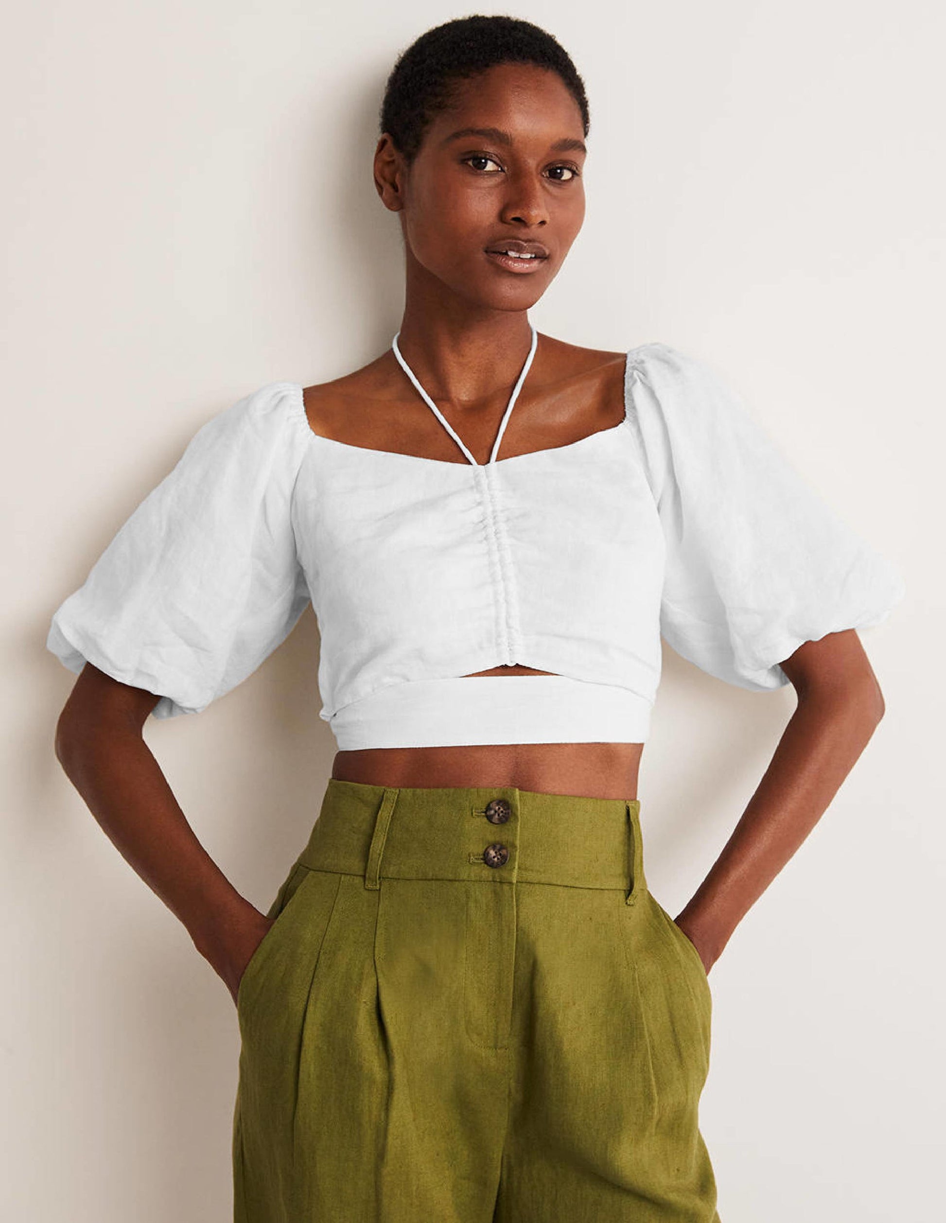 Halterneck Cut Out Crop Top-White-1
