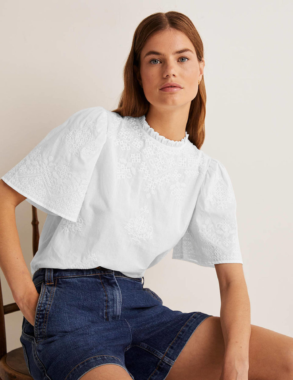 Flutter Sleeve Embroidered Top-White Embroidery - Image 1