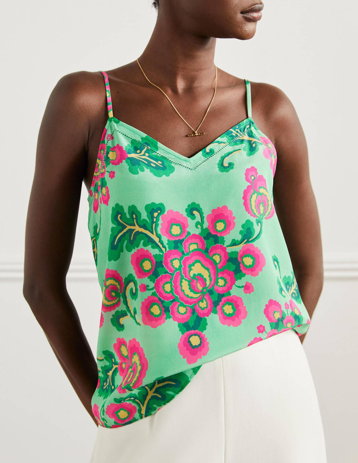Silk Cami Top-Green Lagoon, Wild Blooms - Image 1
