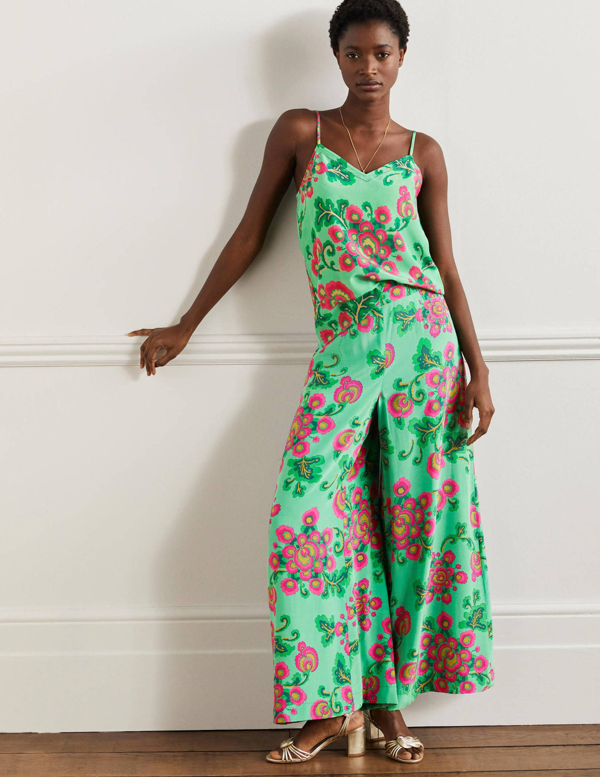 Silk Cami Top-Green Lagoon, Wild Blooms-4