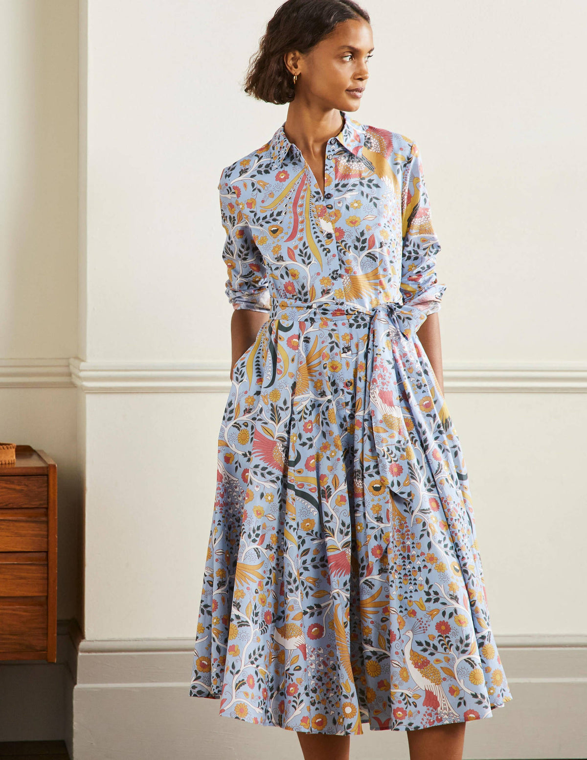 Kitty Midi Shirt Dress-Dusty Blue, Enchanting Peacock-1