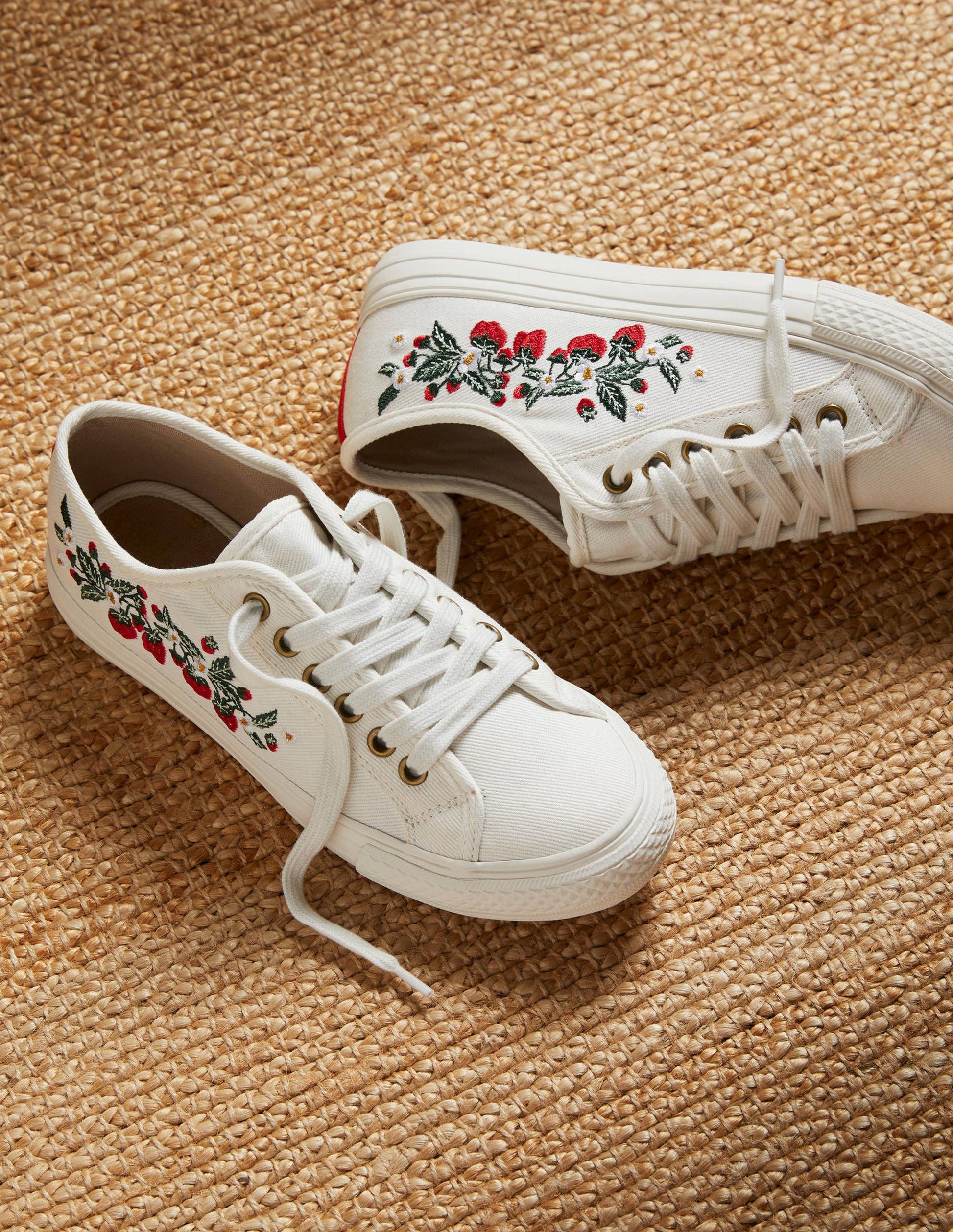Cotton Canvas Plimsolls-Ecru, Strawberries-1