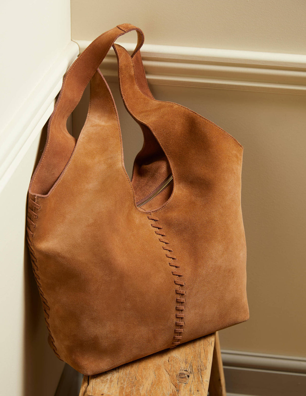 Suede Stitch Detail Hobo Bag-Tan - Image 1