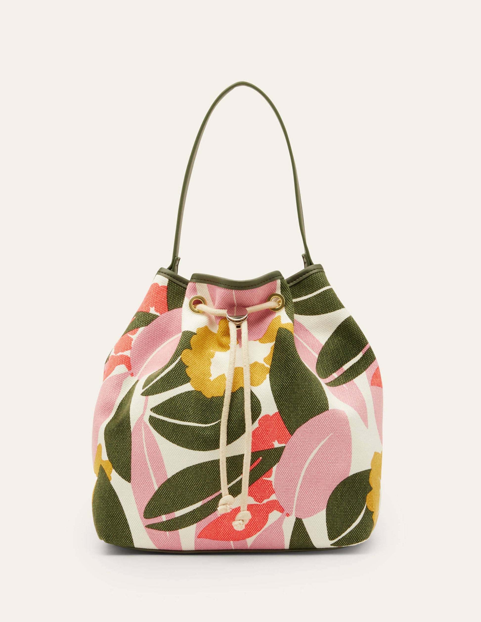 Canvas Drawstring Bucket Bag-Ivory, Abstract Bloom-3