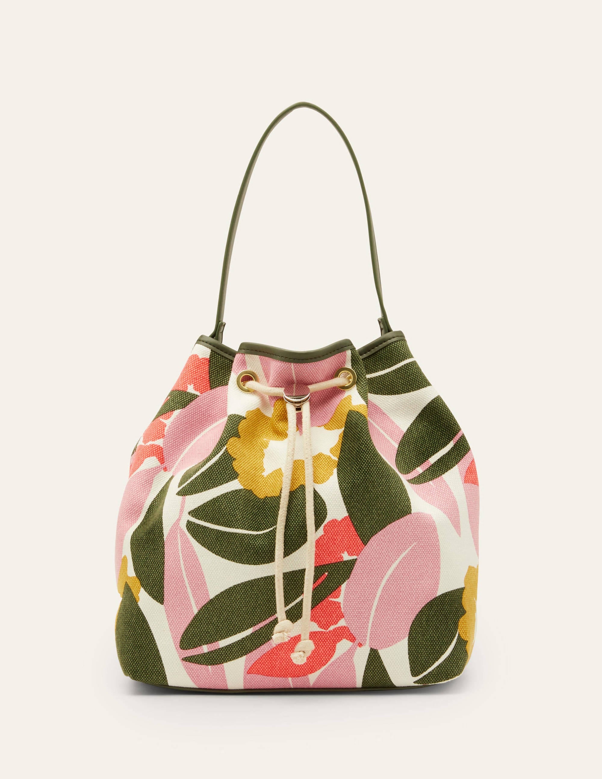 Canvas Drawstring Bucket Bag-Ivory, Abstract Bloom - Image 3