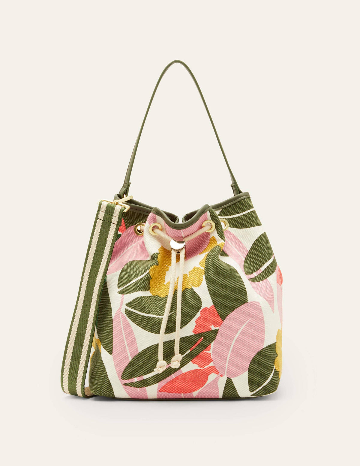 Canvas Drawstring Bucket Bag-Ivory, Abstract Bloom - Image 5