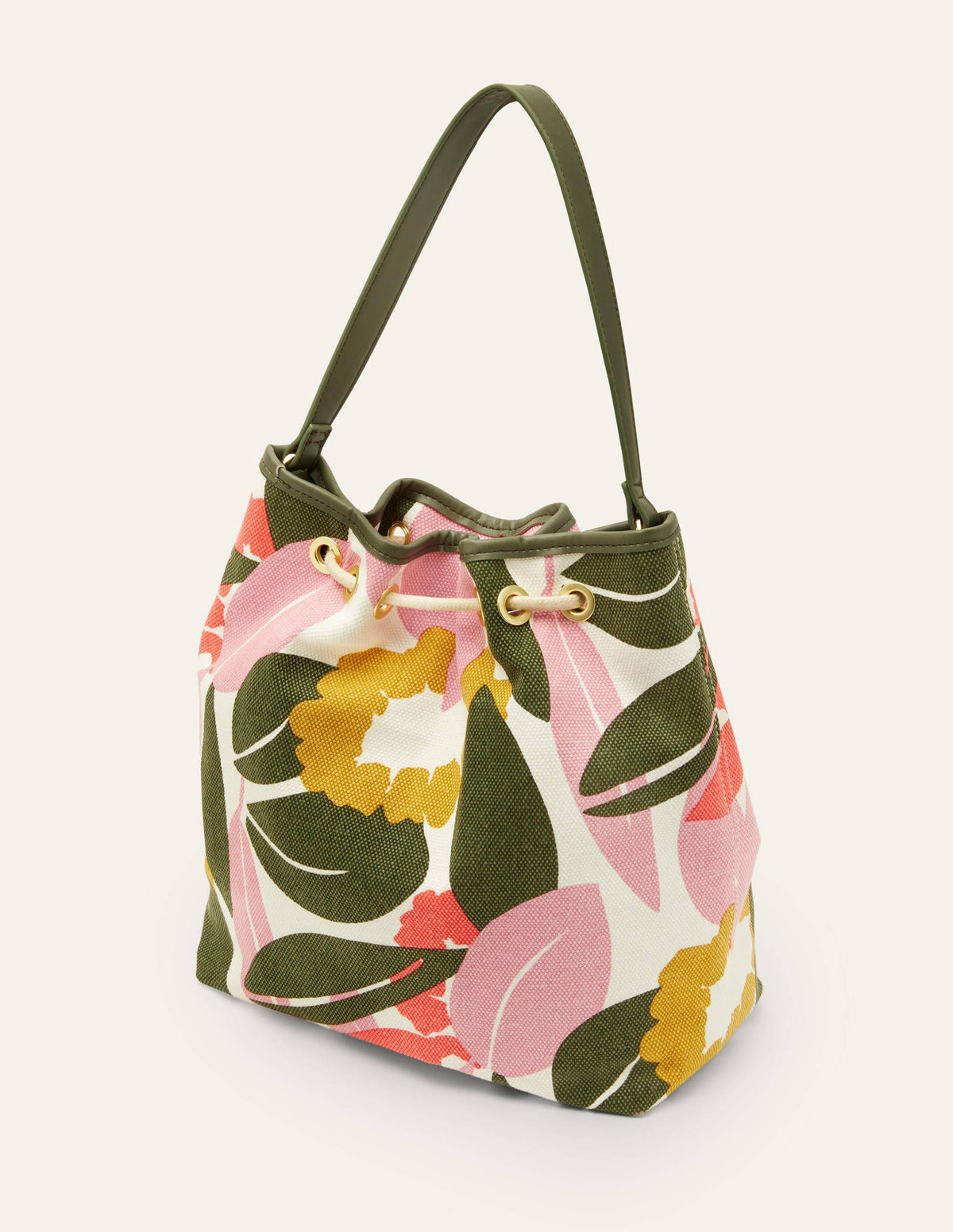 Canvas Drawstring Bucket Bag-Ivory, Abstract Bloom-6