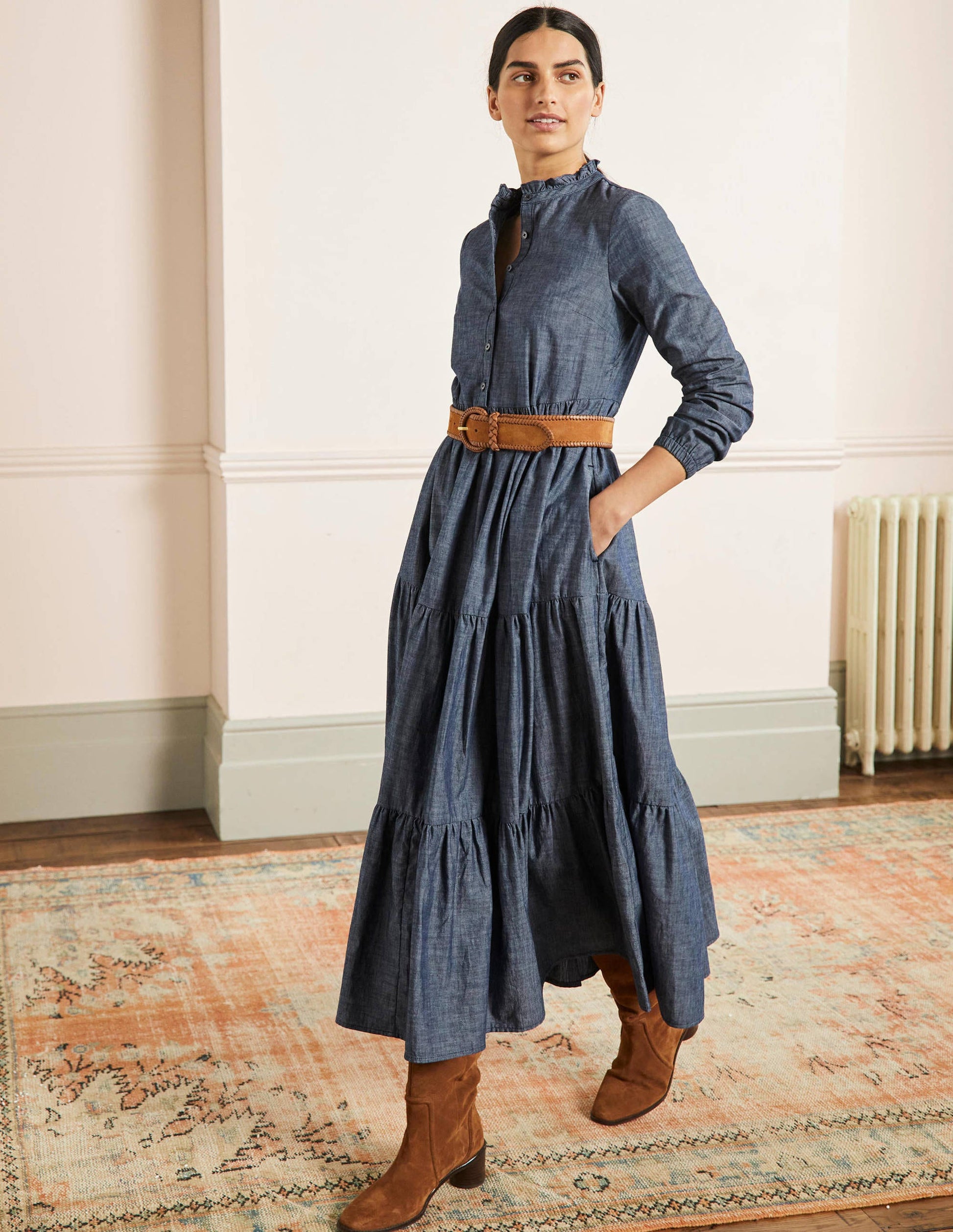 Tiered Maxi Shirt Dress-Denim-1