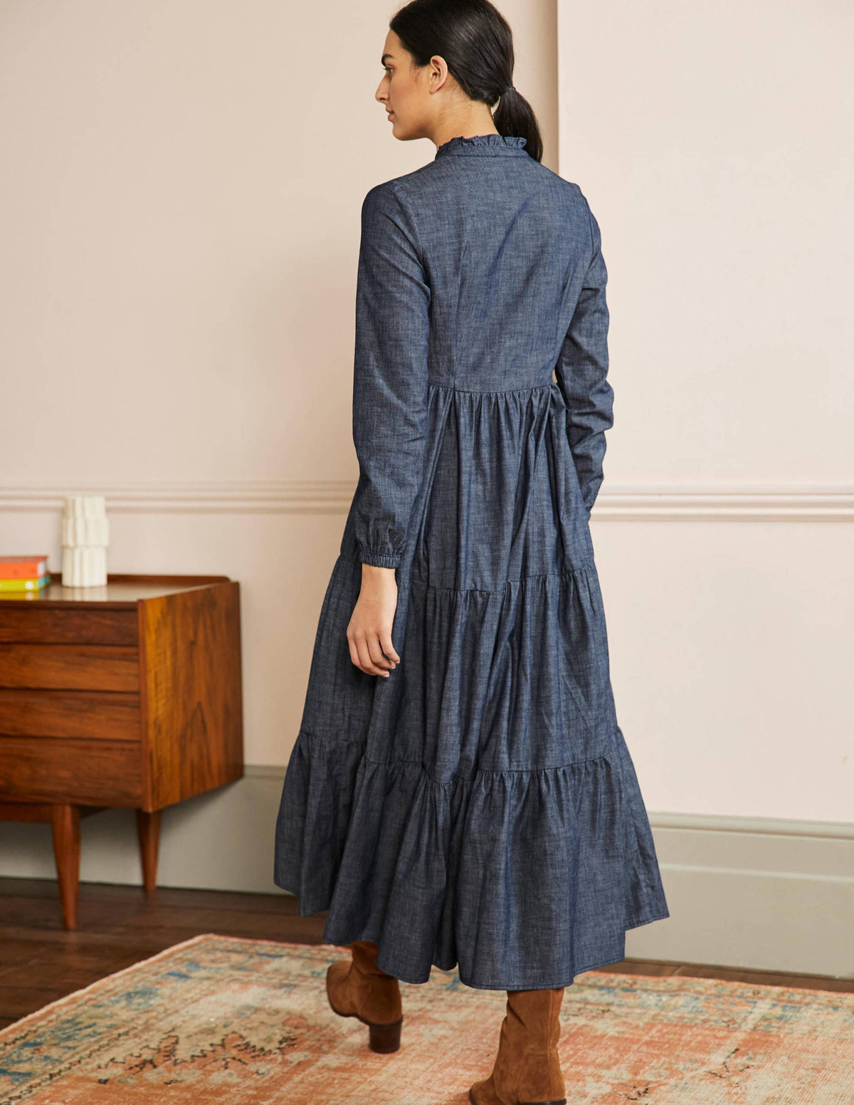 Tiered Maxi Shirt Dress-Denim-3