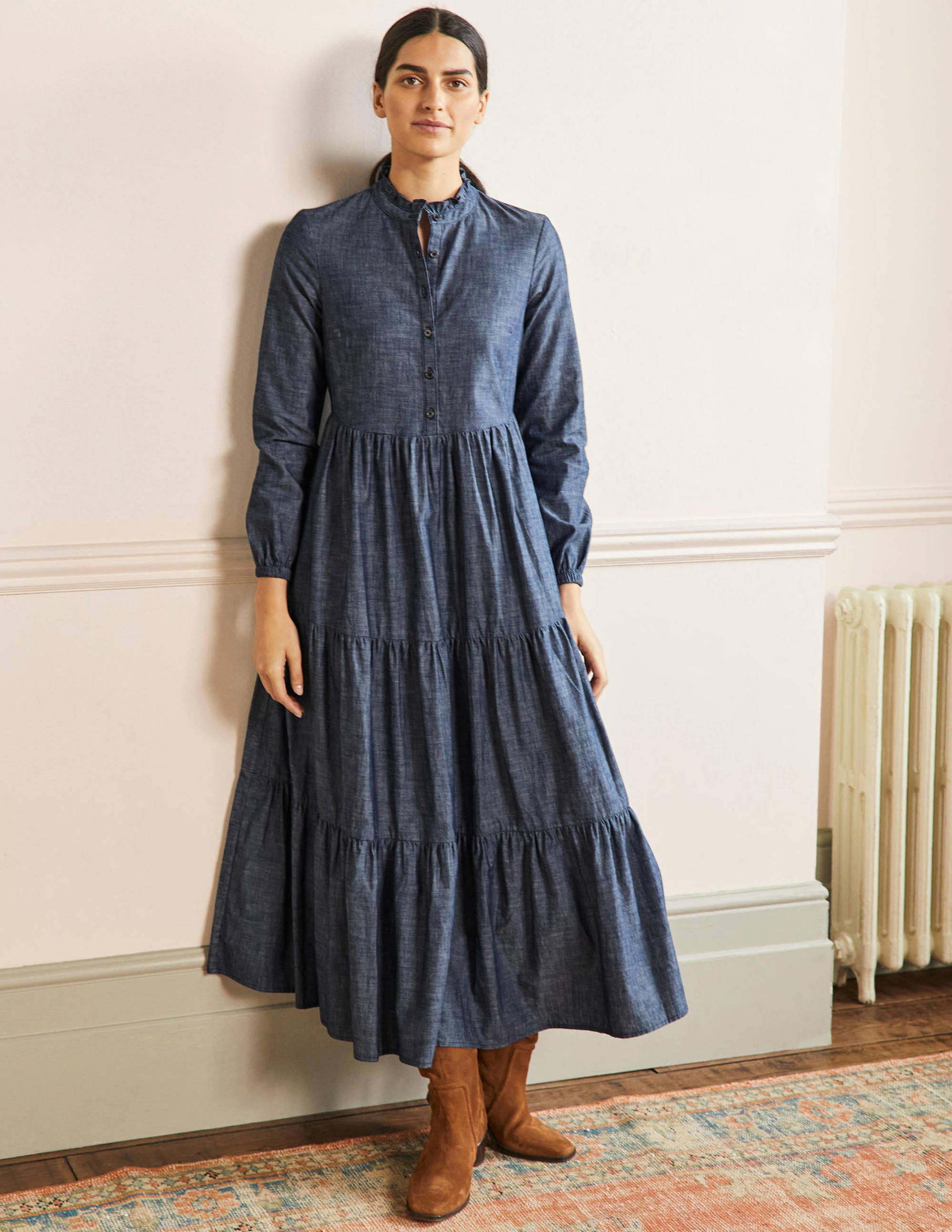 Tiered Maxi Shirt Dress-Denim - Image 4