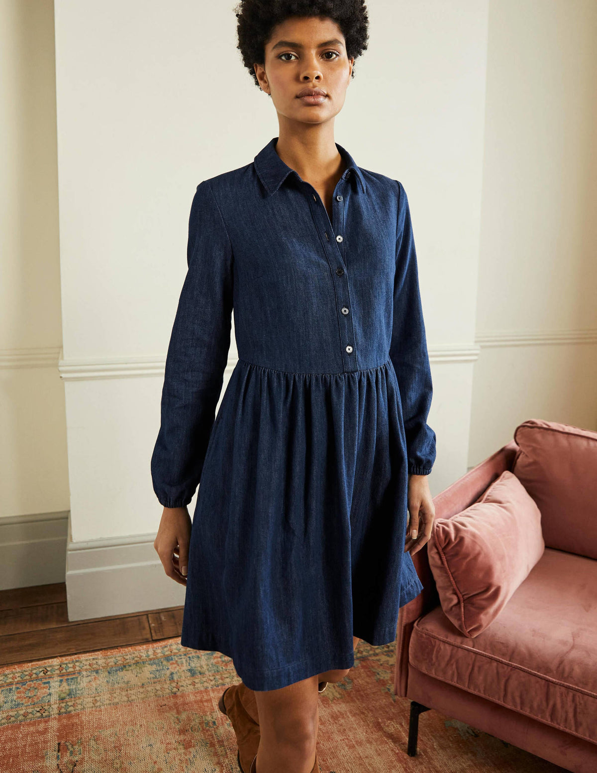 Denim Mini Shirt Dress-Denim-1