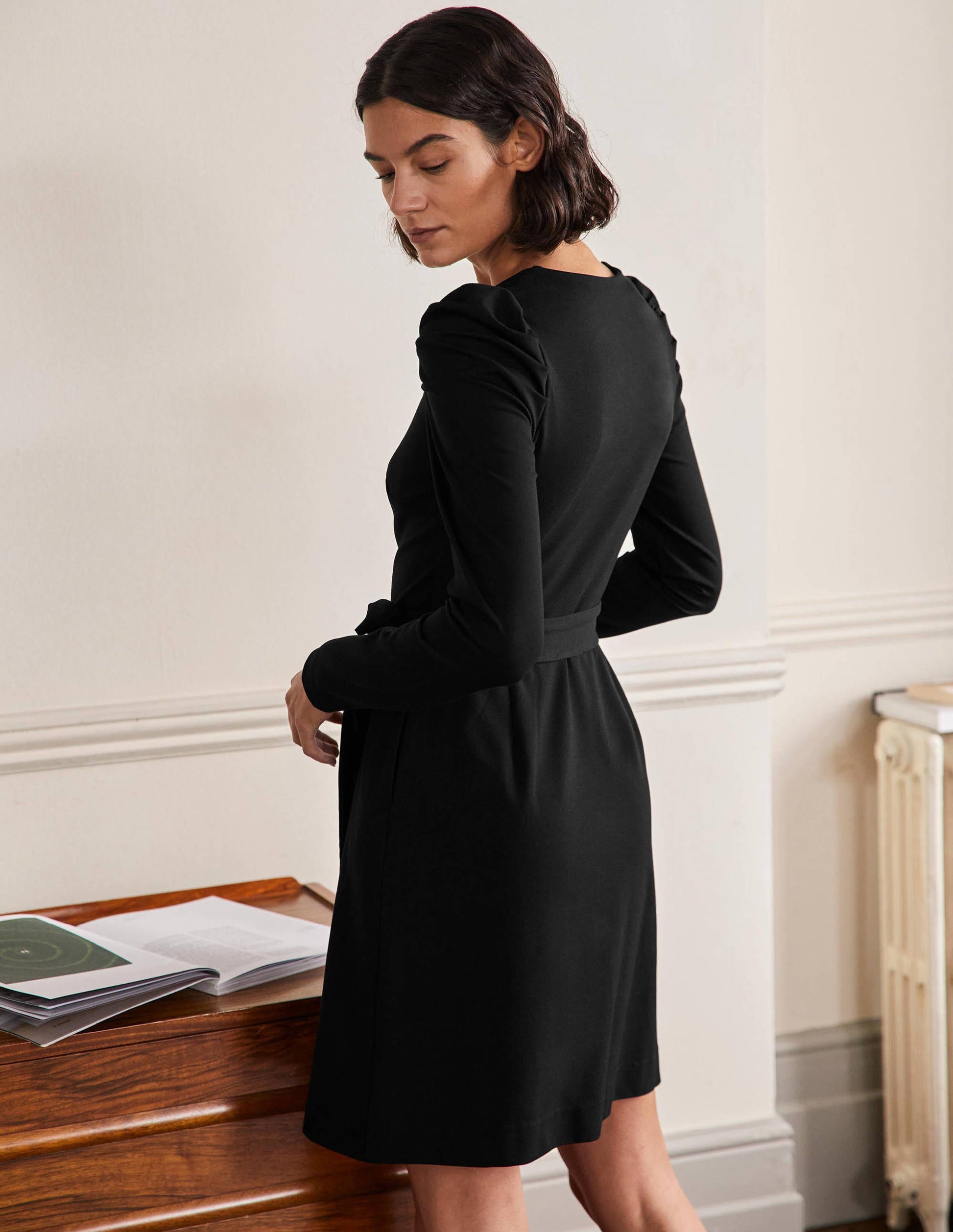Puff Sleeve Jersey Dress-Black-3
