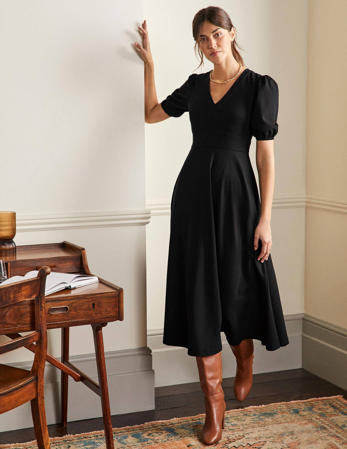 V-Neck Jersey Midi Dress-Black - Image 1