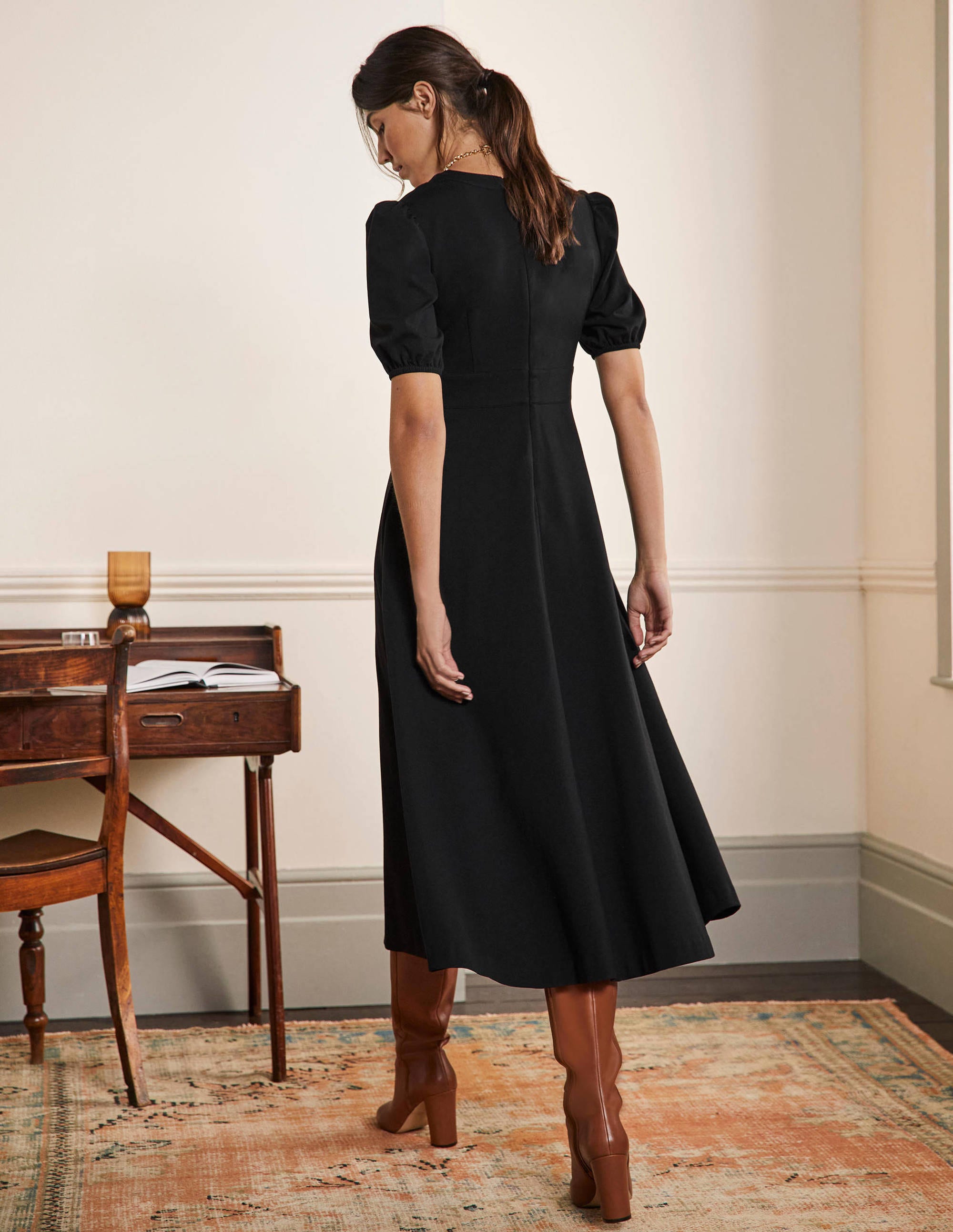 V-Neck Jersey Midi Dress-Black - Image 3
