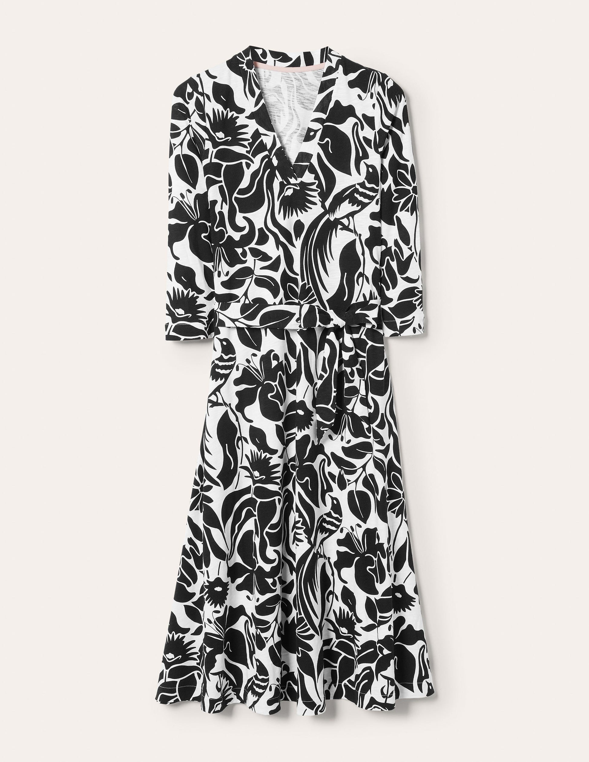 Jersey Kaftan Midi Dress-Black Oriental Bird-6