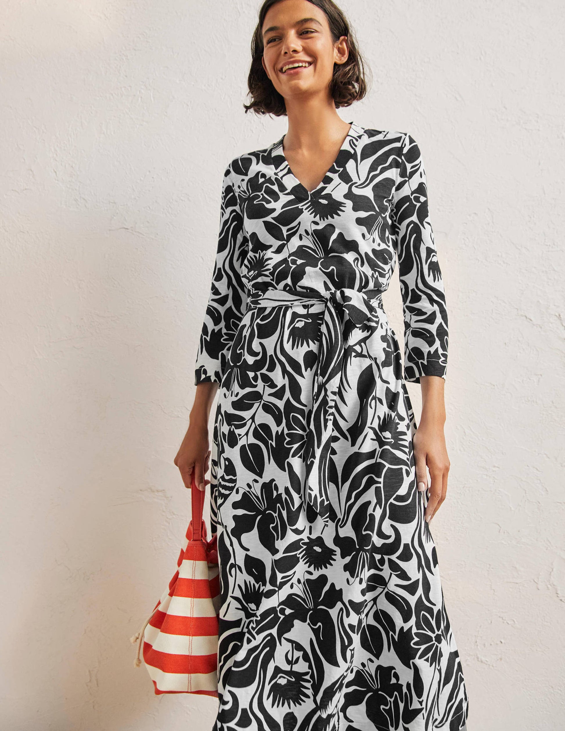 Jersey Kaftan Midi Dress-Black Oriental Bird-1