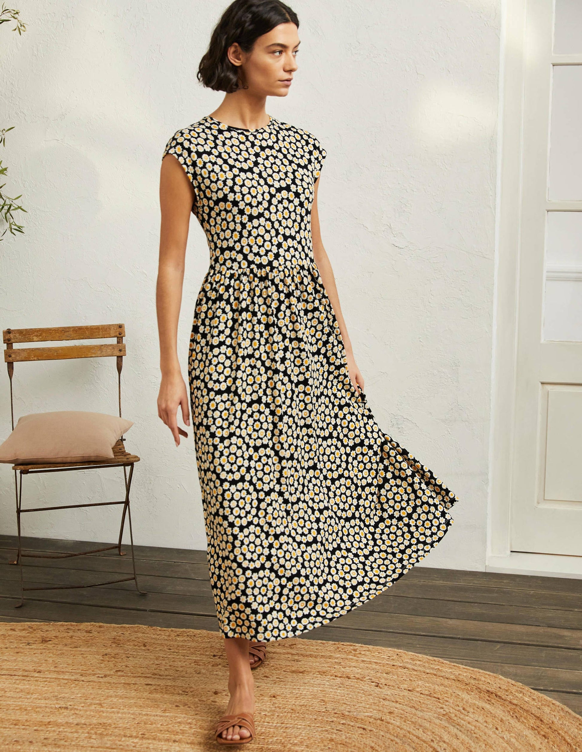 Easy T-Shirt Midi Dress-Black, Ditsy Swirl-4