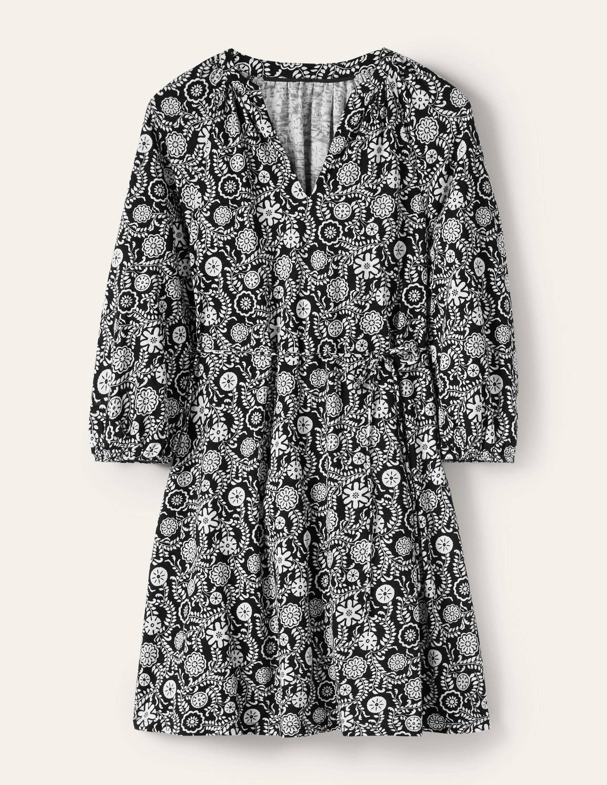Notch Neck Jersey Mini Dress-Black, Opulent Garden - Image 5