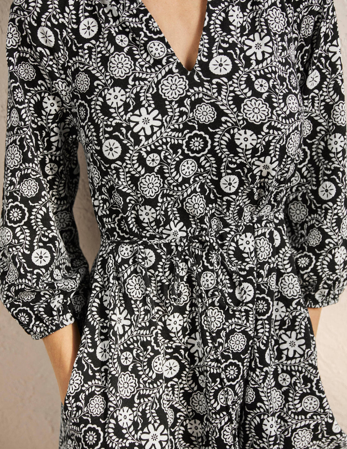 Notch Neck Jersey Mini Dress-Black, Opulent Garden - Image 2