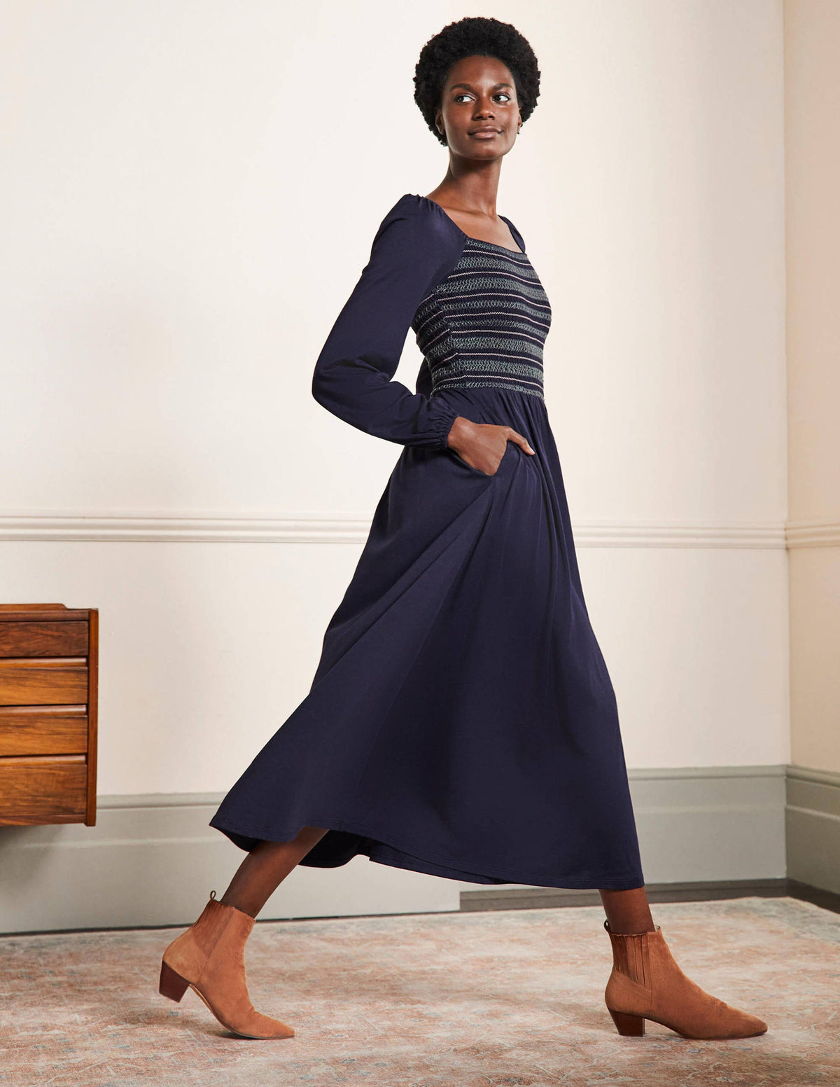 Smocked Jersey Midi Dress-Navy - Image 1