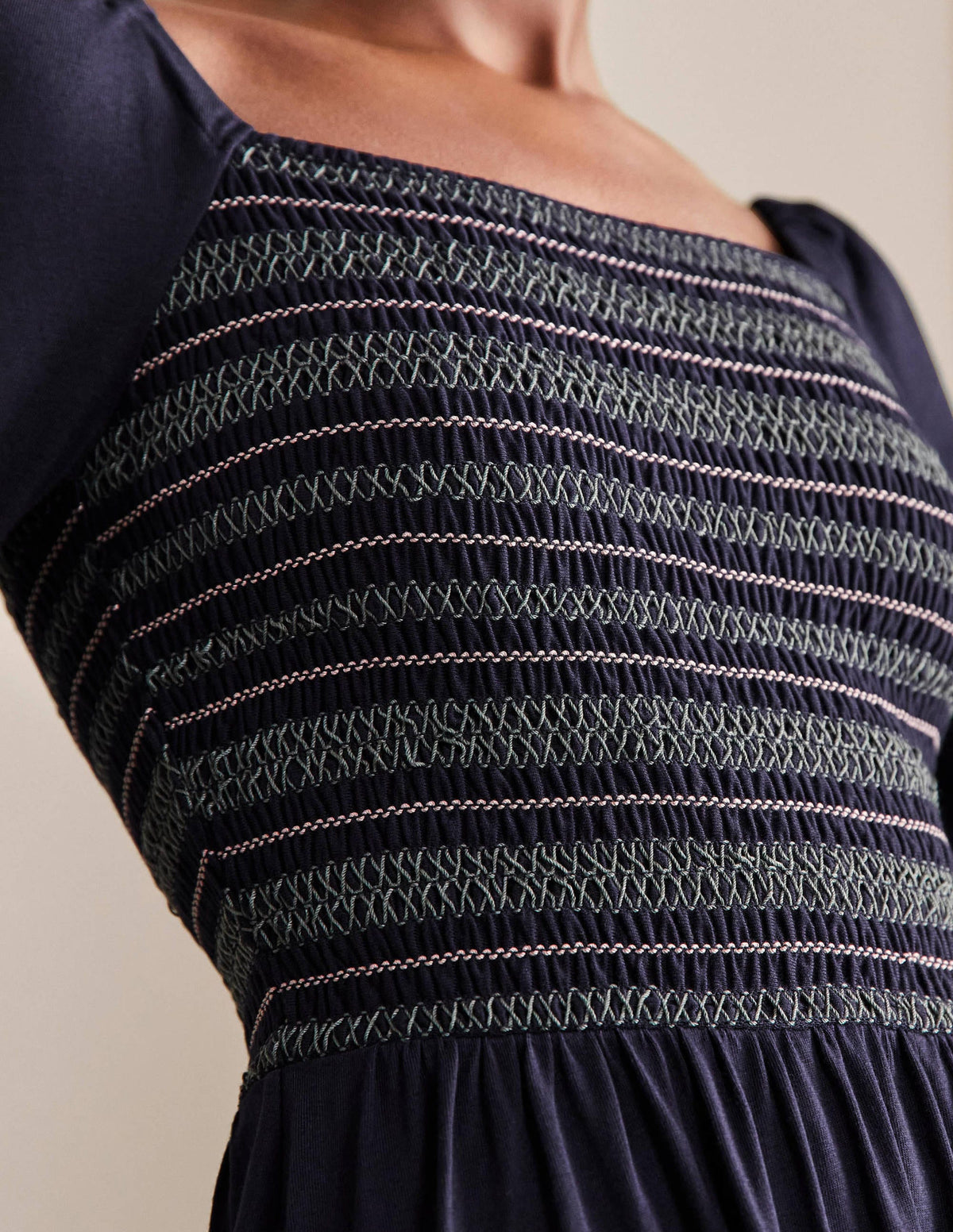 Smocked Jersey Midi Dress-Navy-2