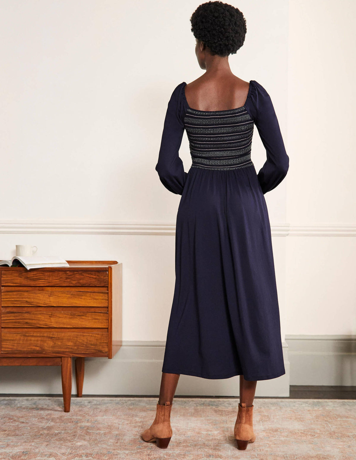 Smocked Jersey Midi Dress-Navy - Image 3