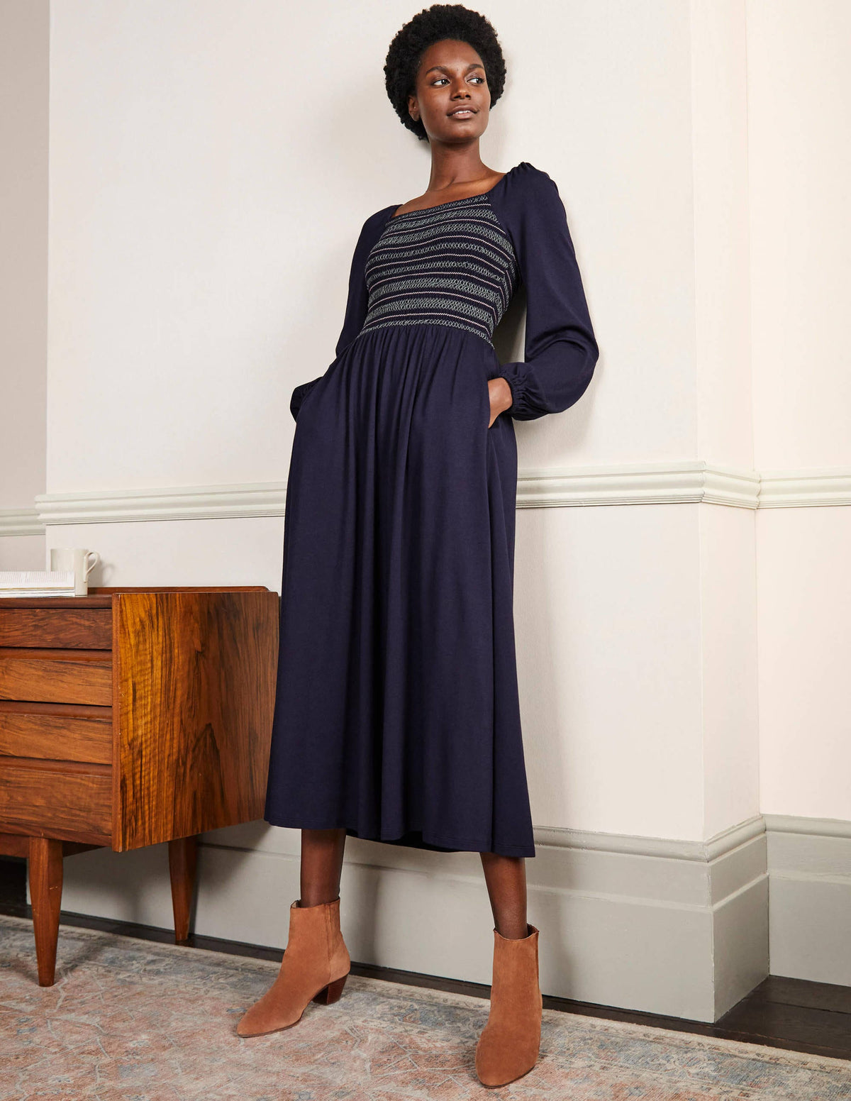 Smocked Jersey Midi Dress-Navy-4