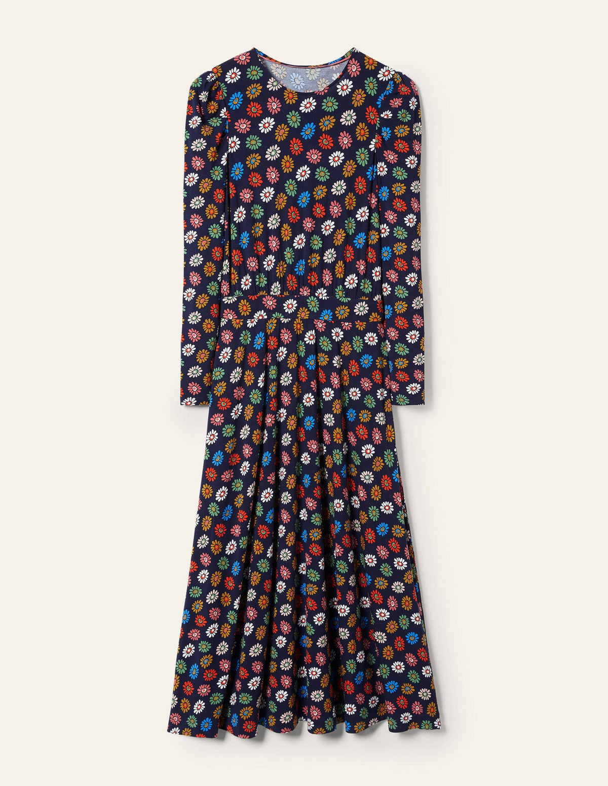 Puff Sleeve Jersey Midi Dress-French Navy, Rainbow Daisies - Image 6