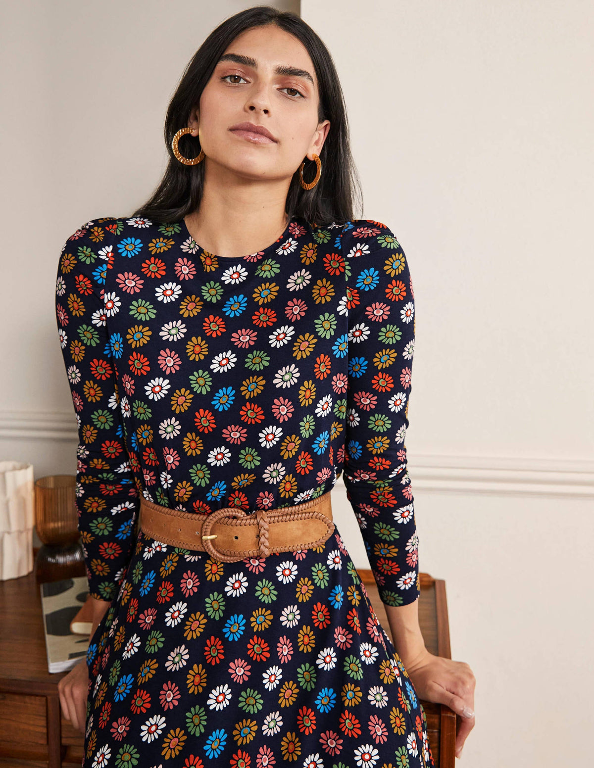 Puff Sleeve Jersey Midi Dress-French Navy, Rainbow Daisies-1