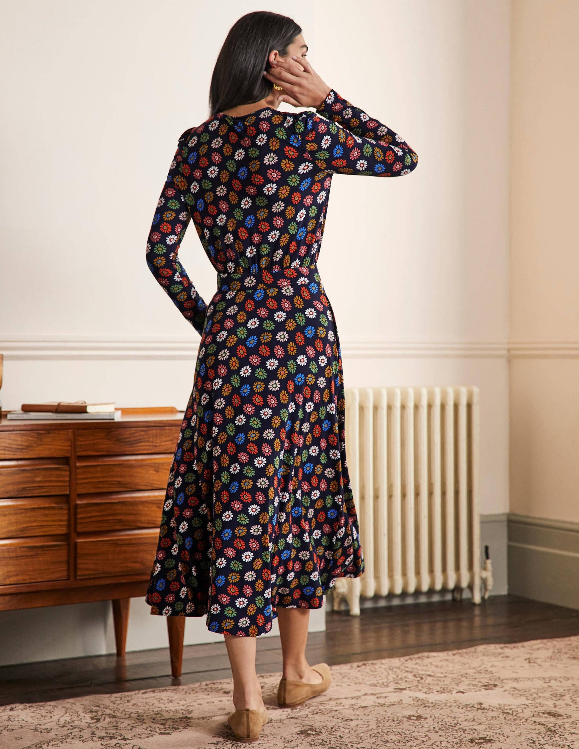 Puff Sleeve Jersey Midi Dress-French Navy, Rainbow Daisies-3