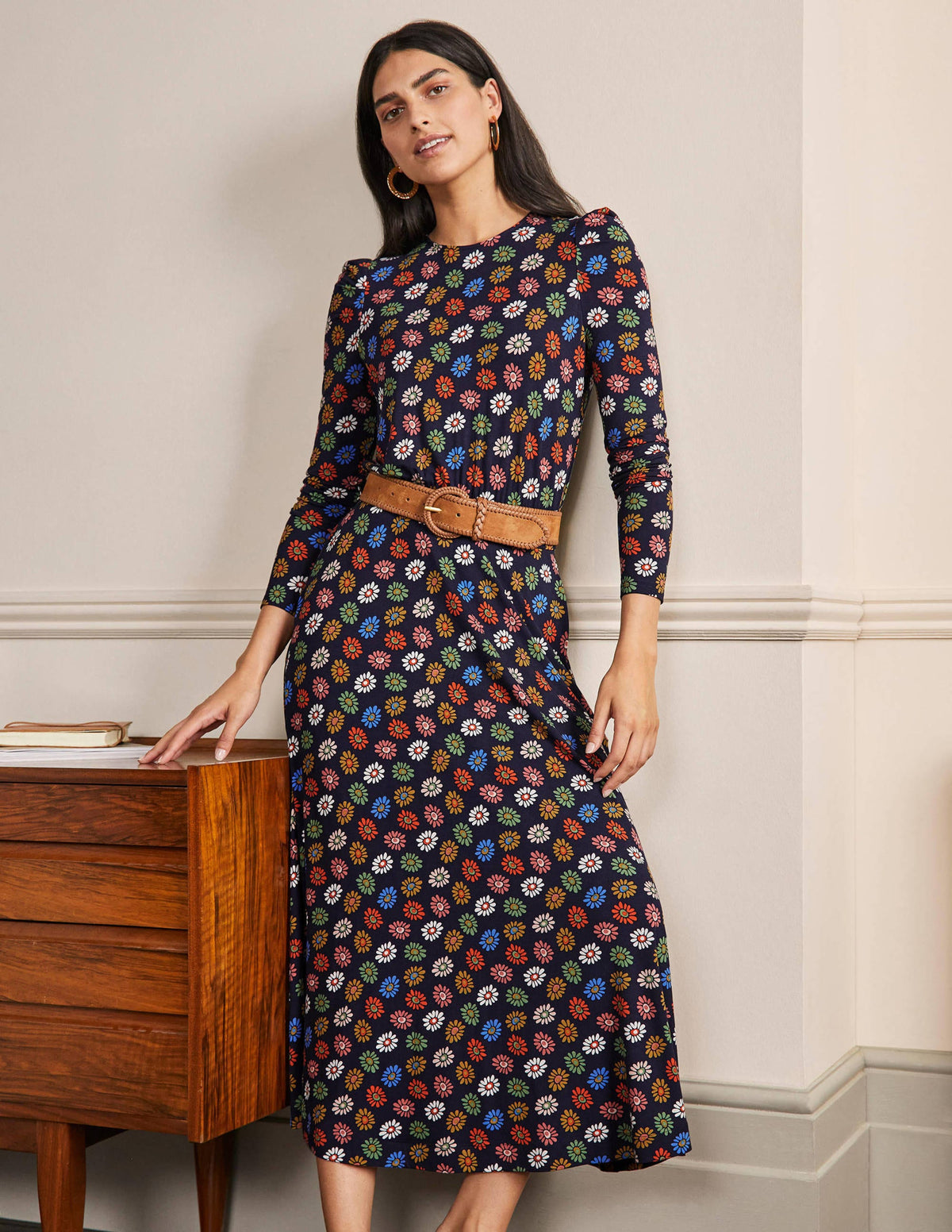 Puff Sleeve Jersey Midi Dress-French Navy, Rainbow Daisies - Image 4