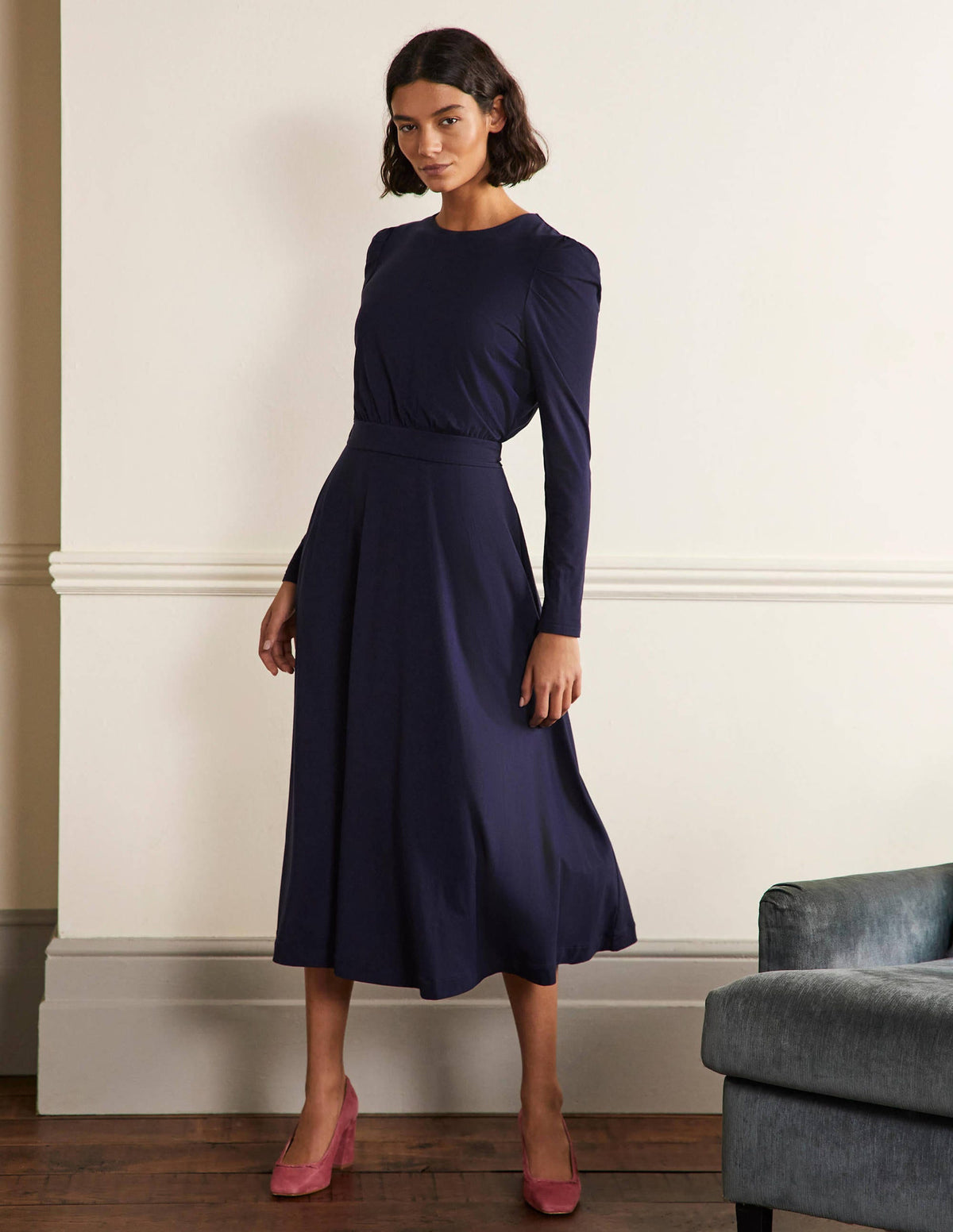 Puff Sleeve Jersey Midi Dress-Navy - Image 1