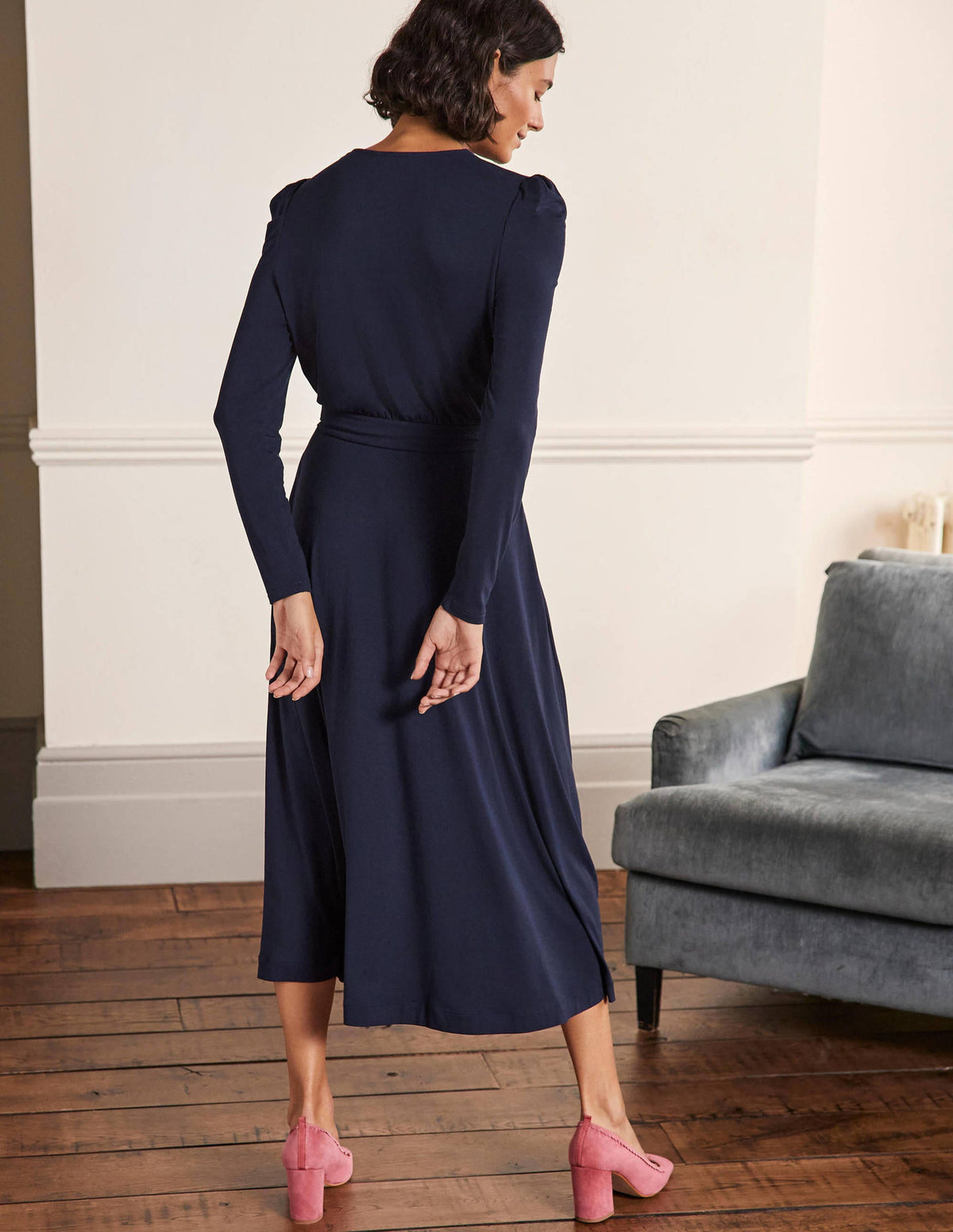 Puff Sleeve Jersey Midi Dress-Navy - Image 3