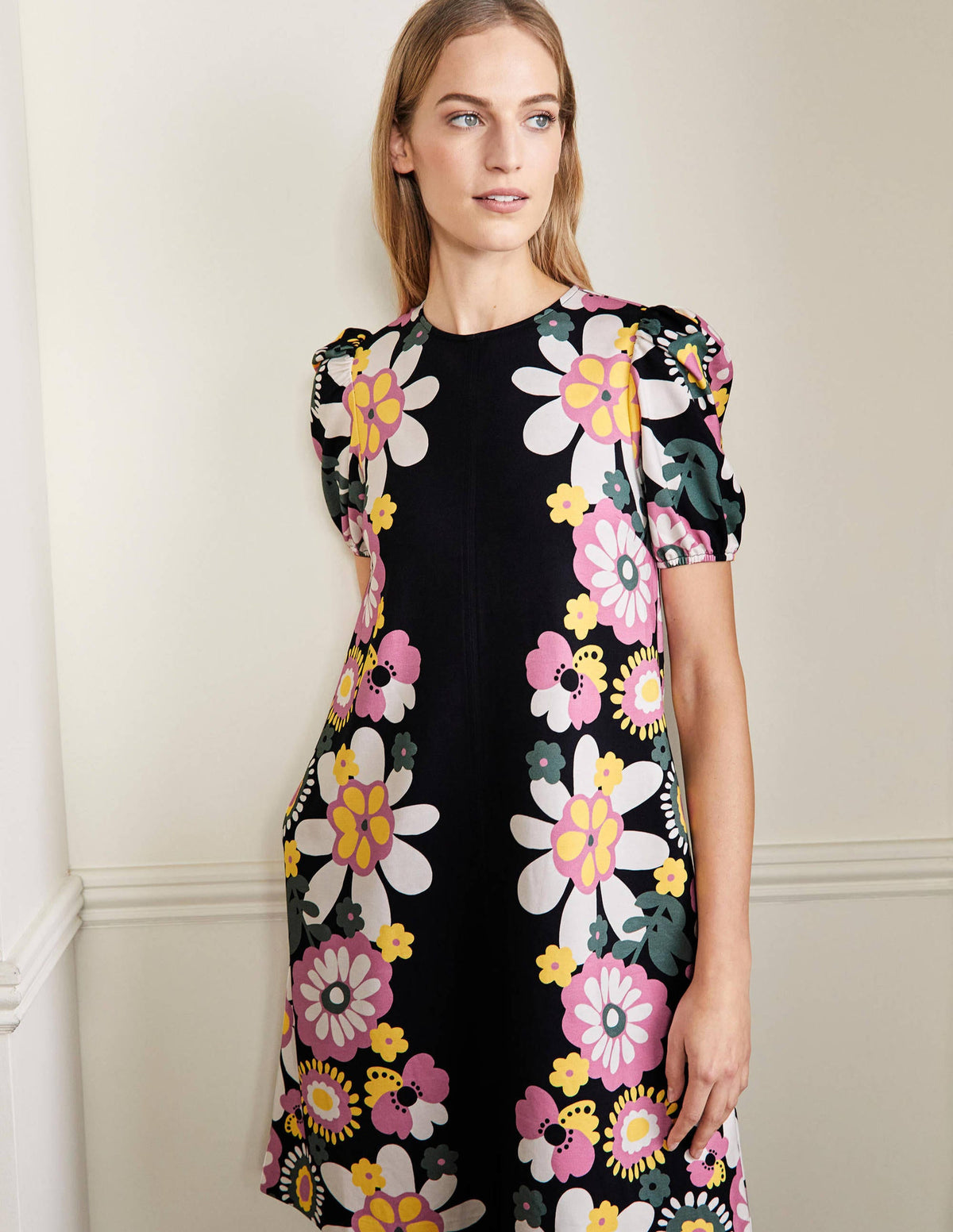 Seam Detail Jersey Shift Dress-Black Flora Bloom - Image 1